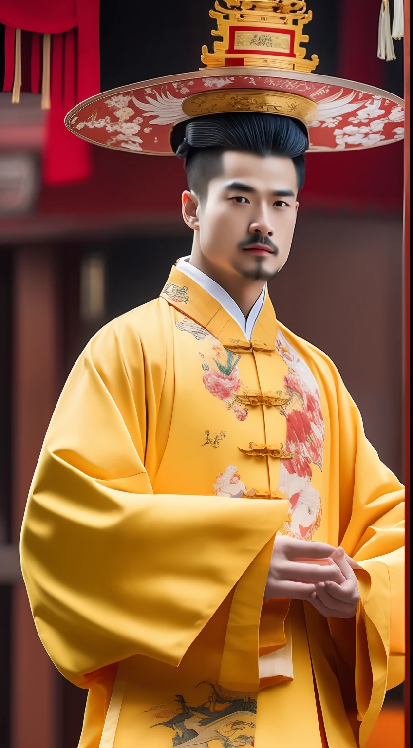 Masterpiece, Highest quality, (solofocus),, (High detail: 1.1),dojo,Red and yellow robes,The male, Man, chinese crown, 1人,and white hair,超高分辨率 , Detailed background, realisticlying, wearing a detailed and intricate xianxia antique outfit