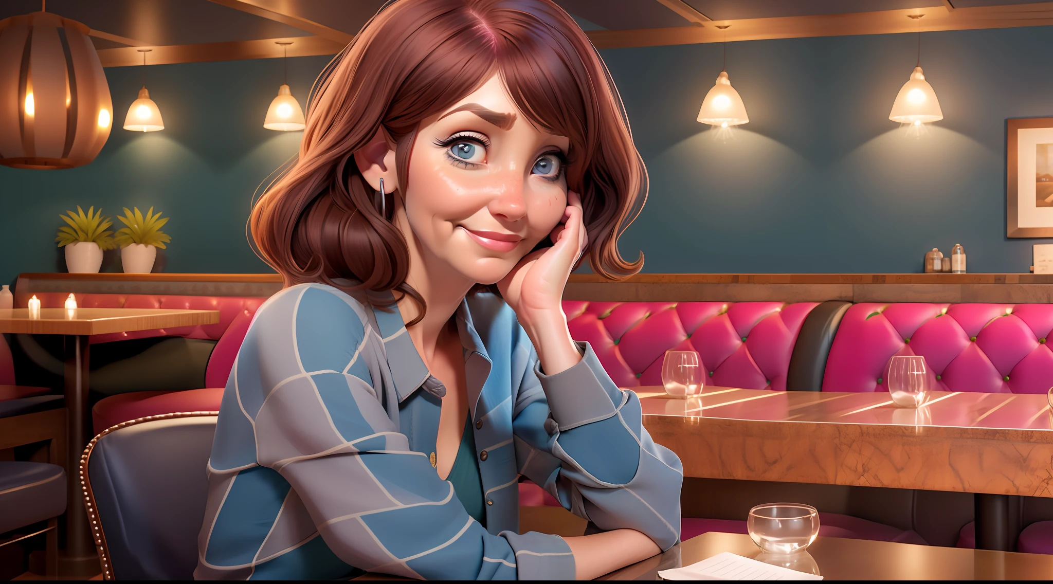 Image of Kari Byron, 60 years old, with nasolabial folds on her face:1.4), (wrinkled skin, frown lines on eyes and forehead), cheerful look,) serene countenance, realistic skin, marked dark circles under eyes, wearing pink shirt , blue pants, (man 50 years old) sitting at a table in a restaurant covering scenery: restaurant, natural light, night, frontal image