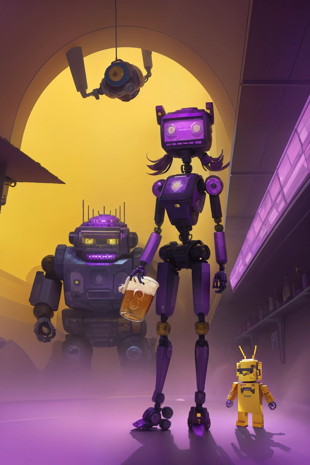 Create an image with a background in shades of yellow and a little monster made of pixel with a beer in hand in purple color, and a robotic and futuristic environment