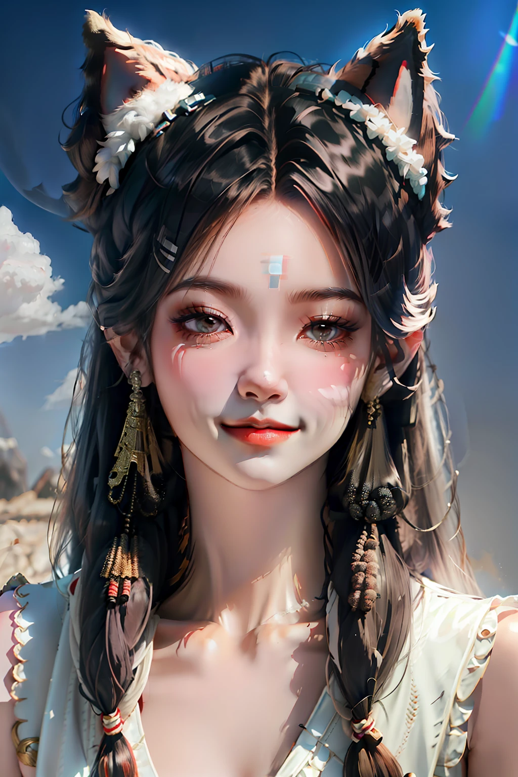 black hair, hair bobbles, wince, fake animal ears, light smile, drop shadow, anaglyph, stereogram, tachi-e, pov, atmospheric perspective, 8k, super detail, ccurate, best quality, UHD