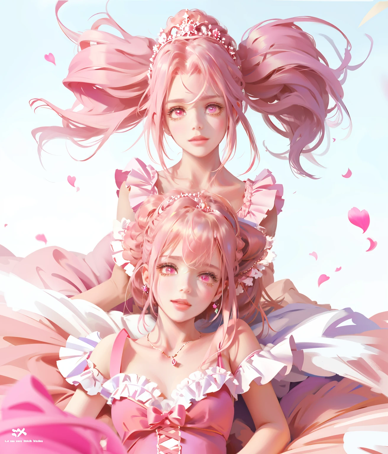 (ultraclear,A high resolution,Surprising detail,1girll)ssmile,Pink double ponytail and pink eyes,Anime girl in pink dress,tiara crown,Highly saturated color,Natural light,Anime princess, portrait of magical girl, loli in dress, Loli, Lolita prostitute,magical little girl, style of magical girl, Anime moe art style