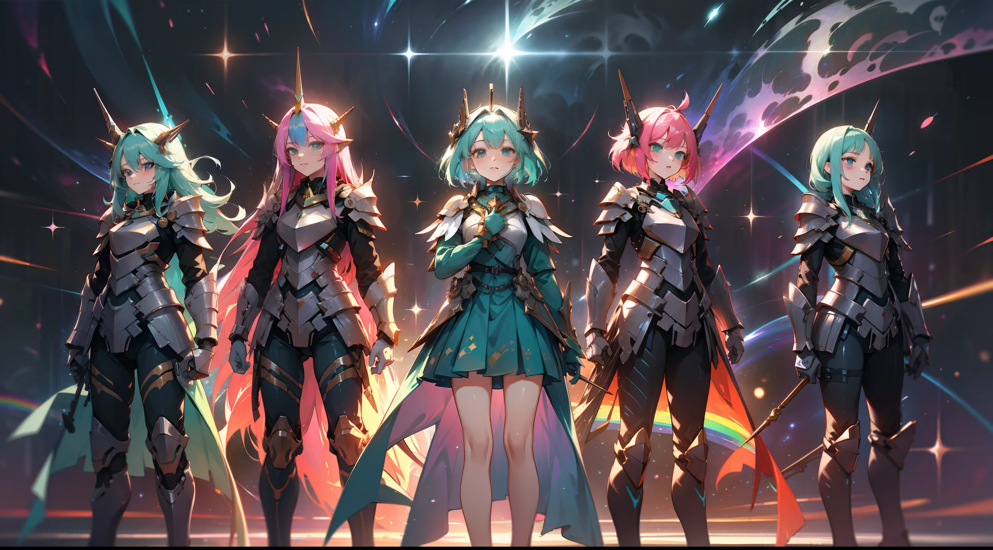 girls with rainbow colored hair and teal dress armor, standing, rainbow colored cosmic nebula background, stars, galaxies