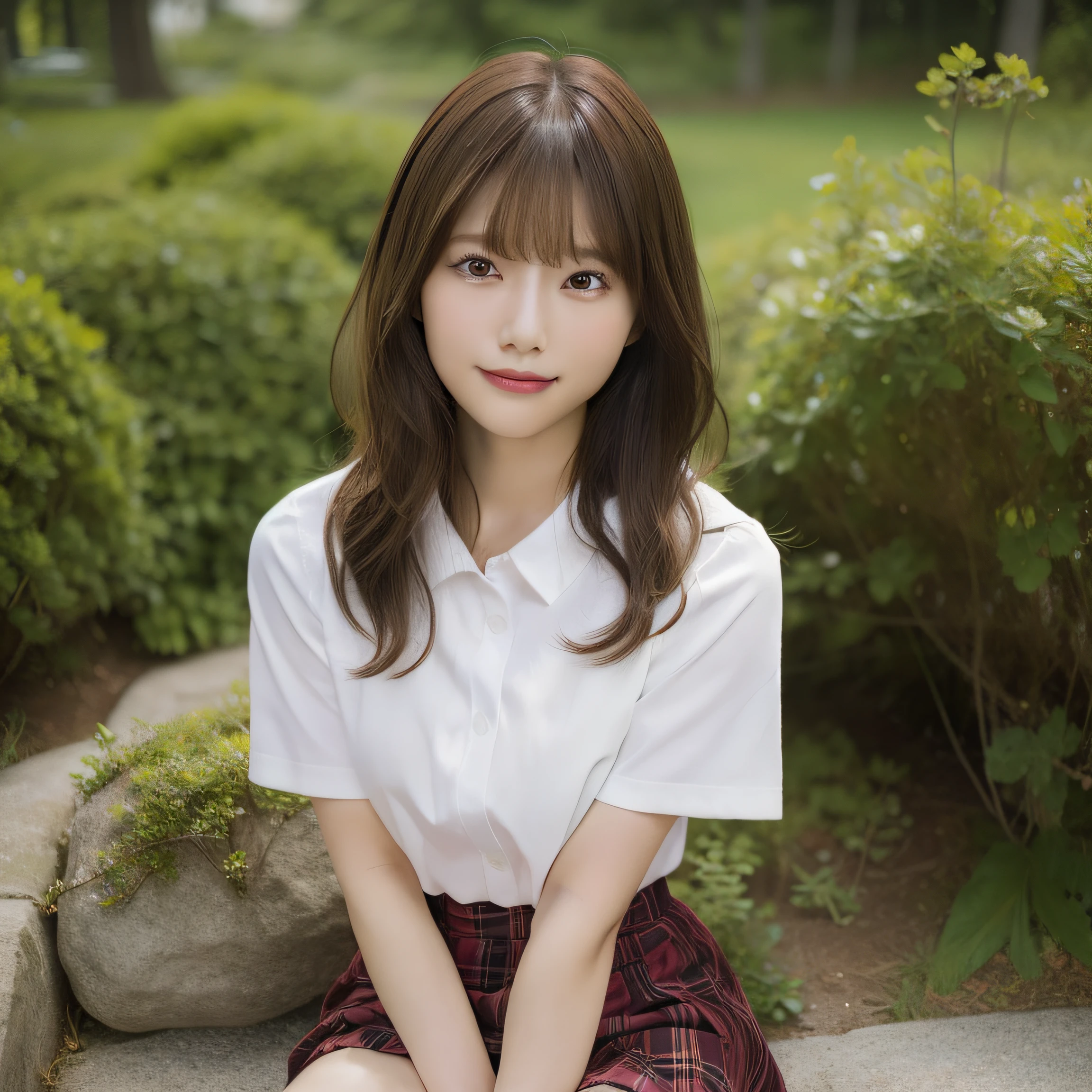 NSFW, 8k RAW photo, top-quality:1.1, ​masterpiece:1.3, 超A high resolution, film grains, filmg, 1girl, looking at the viewers, natural skin textures:1.1, realistic eyes and face details:1.1, Full lips, fluffy hair, Shy smile, The shirt, Beautiful natural places,full bodyesbian、Around the position of the flower, (细致背景), Plaid skirt, white  shirt,(Brown medium hair,Bangs), (touch hair:1.4),nogizaka,beautiful legs:1.1,poneyTail