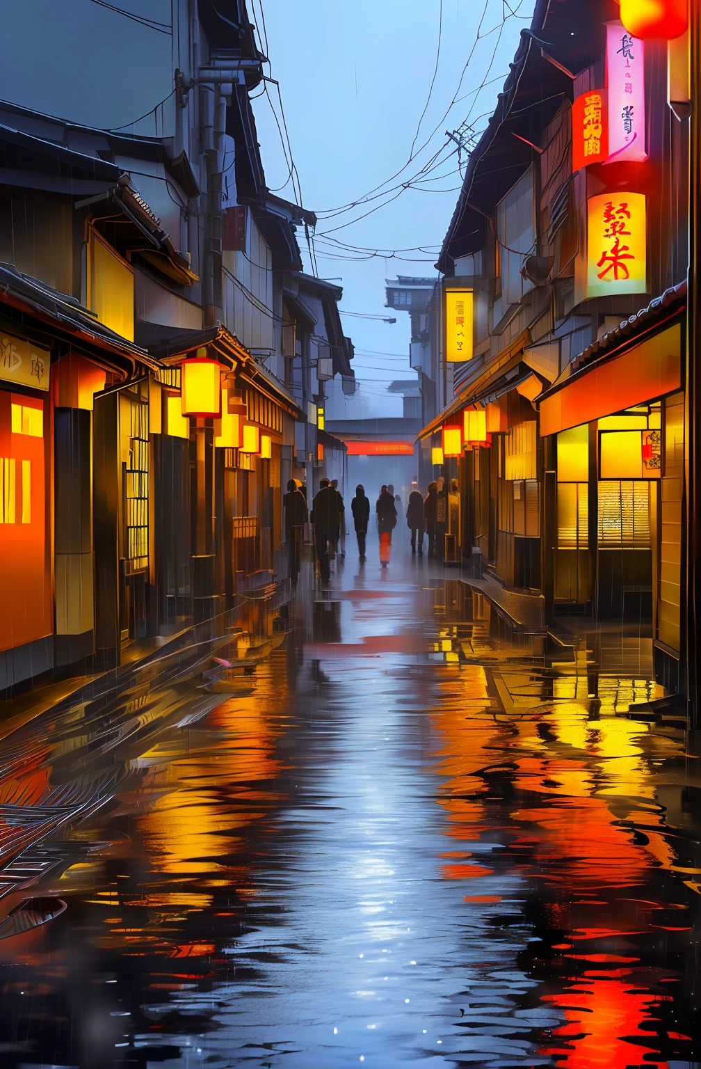 Background vectors for e-books and technology tutorials themed Japan, Tokyo and Akihabara, city at night, Japanese lanterns, 4k, realistic, lights in the reflecting pool, wet floor, rain on the roof, people on the street, ancient Japan, vintage, samurai