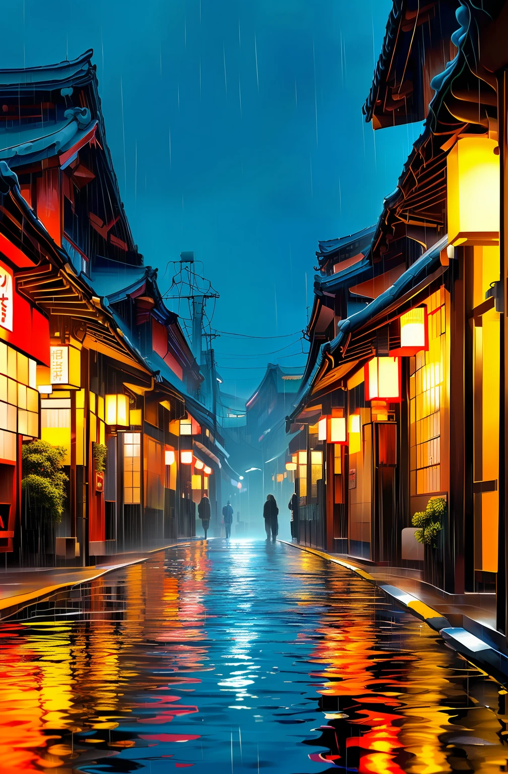 Background vectors for e-books and technology tutorials themed Japan, Tokyo and Akihabara, city at night, Japanese lanterns, 4k, realistic, lights in the reflecting pool, wet floor, rain on the roof, people on the street, ancient Japan, vintage, samurai