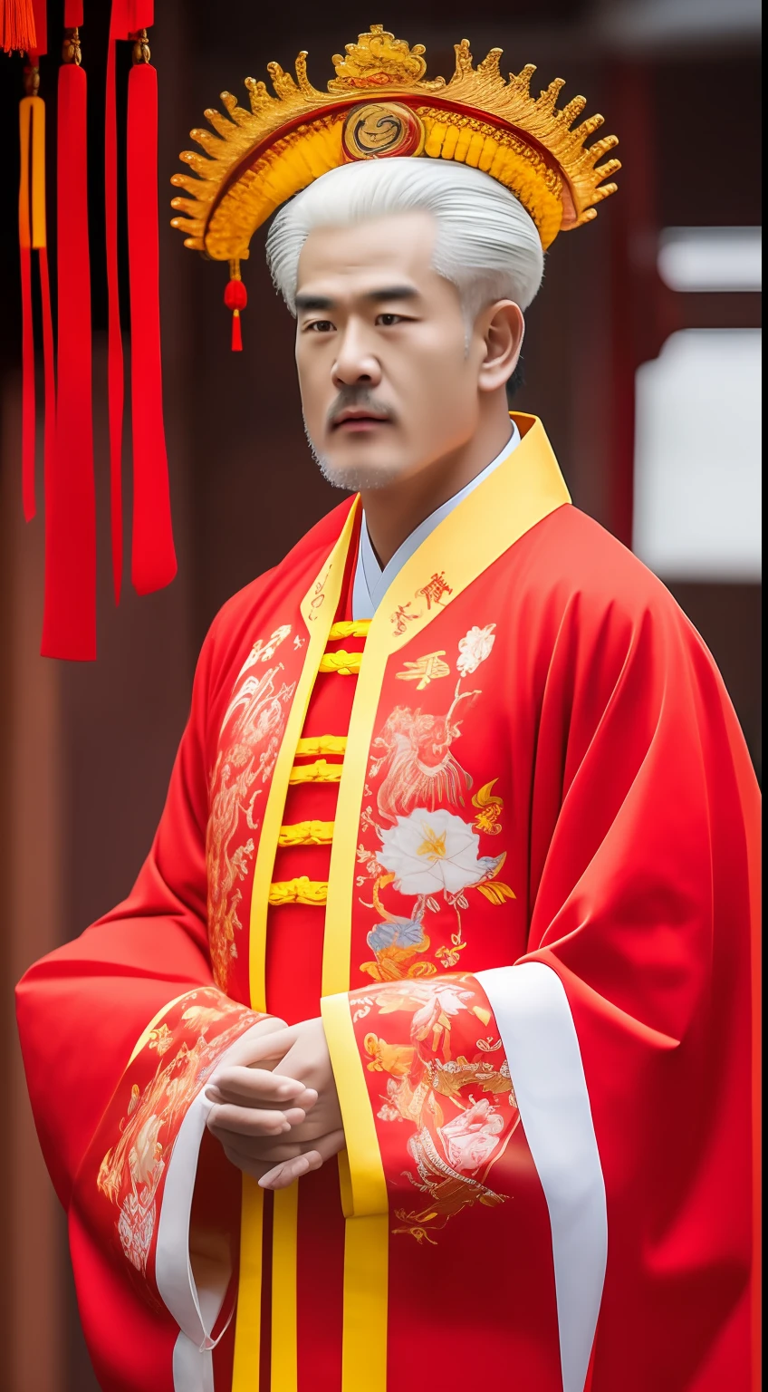 Masterpiece, Highest quality, (solofocus),, (High detail: 1.1),dojo，Red and yellow robes，The male， Man, chinese crown, 1人,and white hair,超高分辨率 , Detailed background, realisticlying, wearing a detailed and intricate xianxia antique outfit