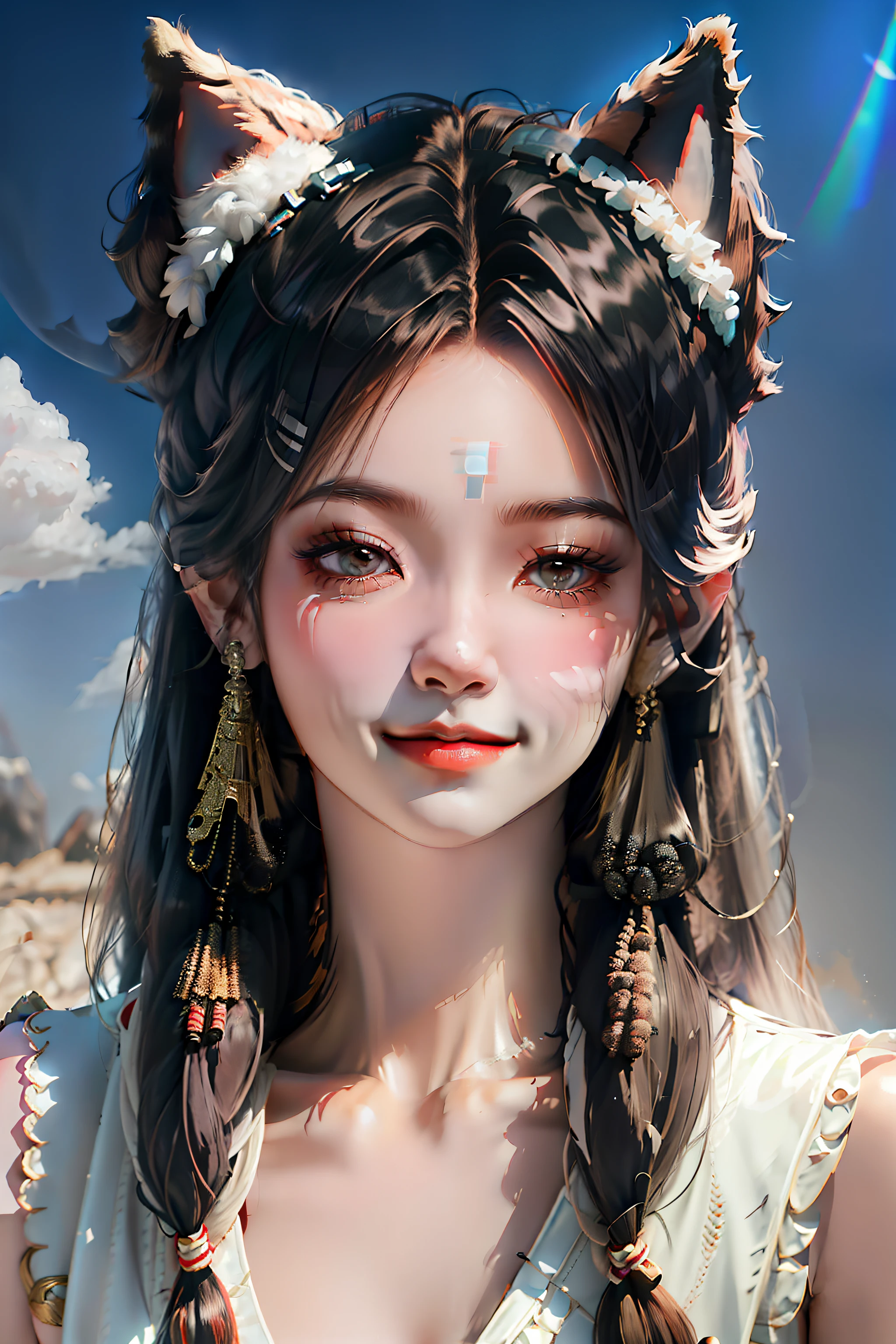 black hair, hair bobbles, wince, fake animal ears, light smile, drop shadow, anaglyph, stereogram, tachi-e, pov, atmospheric perspective, 8k, super detail, ccurate, best quality, UHD
