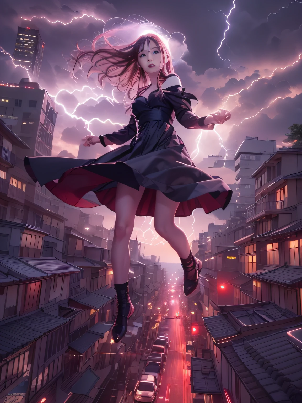 Black goth-rowley girl floating in the city with lightning,Goth**** albino girl floating in the city with one hand,Woman in black dress with red and black hair, Gothic Maiden girl, girl in black dress, 1 7 year old girl,Old Goth girl, an elegant gothic princess, artwork in the style of guweiz, in the art style of bowater, dreamy gothic girl, 8k high quality detailed art, gothic art style, wearing a gothic dress,closing,Wearing underwear,Red Eyes,Looking down,white  hair,Wind,Head tilt,White hair, Silver hair, Long hair, Blunt bangs, Straight hair, Big hair, expressive hair, (Red eyes that glow intensely:1.8), Downward eyes, (Red Eyes:1.5),small tits,Thin leg,Crazy, Disappointed,wide Shots,wide angles,sideshot,3 views,,(Close up portrait of a person in a black dress flies over the city:1.7),People fleeing the busy streets of a city lined with shops々々々々々, busy street, Street crowded with people, photograph of the city street, japanese downtown, Traditional Cities of Japan, Busy streets,busy cityscape, bustling city, Crowded with people, Bustling streets in the moon, crowdedstreets, shutterstock, Bustling small town streets,bad weather、A huge amount of purple lightning came out of the girl's hand and hit the city,Dark clouds cover the city pierced by clouds of lightning, Lightning clouds, Atmospheric lightning, Pink lightning, With thunderstorms, Dark storm with lightning, Dramatic purple lightning, Lightning in the sky, Contrast Lightning, thunderstorm in the sky, Lightning in the background, With lightning, Stormy weather with lightning, Upper volumetriclightning,Effect of wearing purple aura,(Control a large number of lightning with open arms:1.4),Destroy the city with a girl's lightning attack,Called nose,Lightning effect on both hands,Countless balls glowing purple around the girl,goddess of lightning, Storm, Storm outside, She attracts a lot of purple lightning,