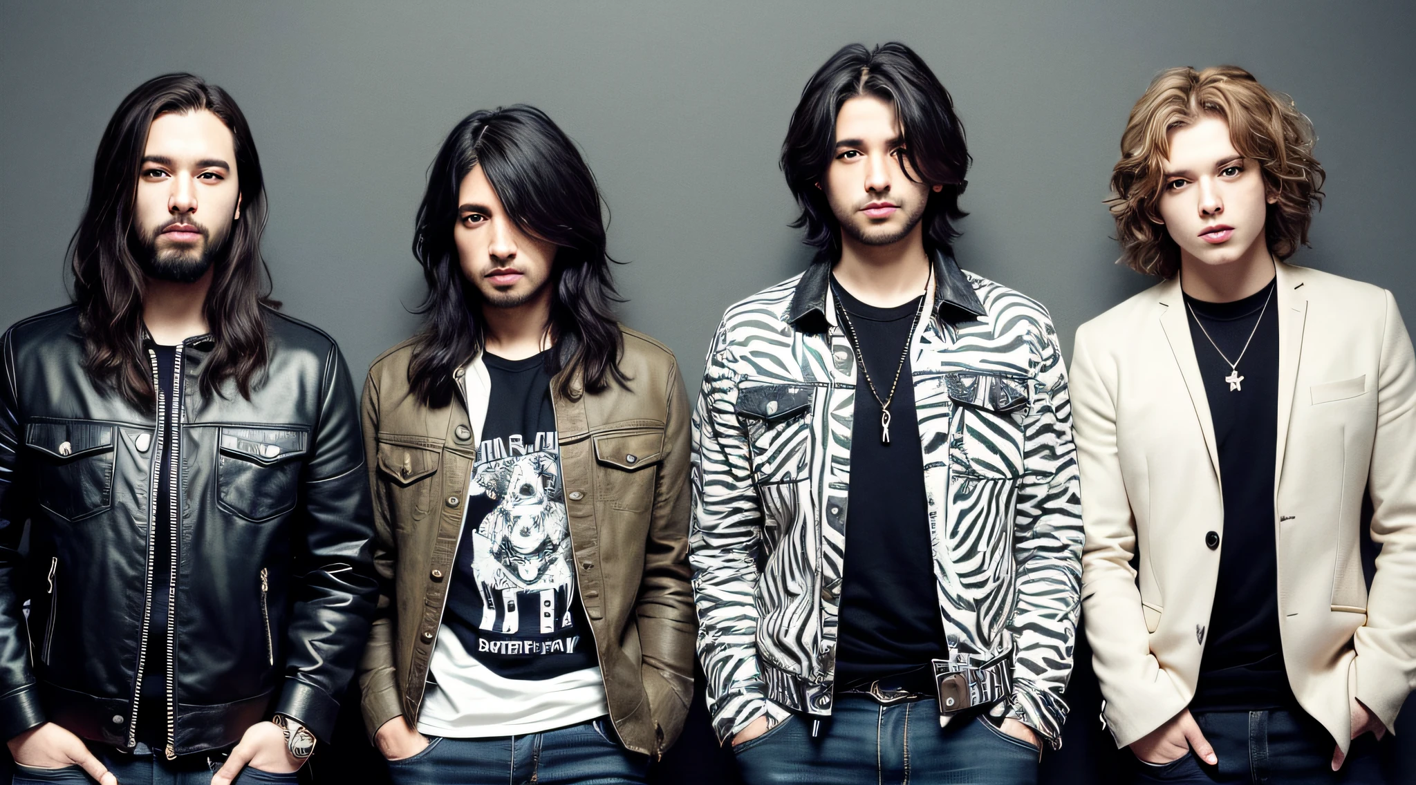 FUNDO AZUL PETROLEO. BANDA DE ROCK E METAL, CABELOS COMPRIDOS LOIROS, 3 MENINOS DE 20 ANOS COM JAQUETAS DE COURO ESTILO ZEBRA.