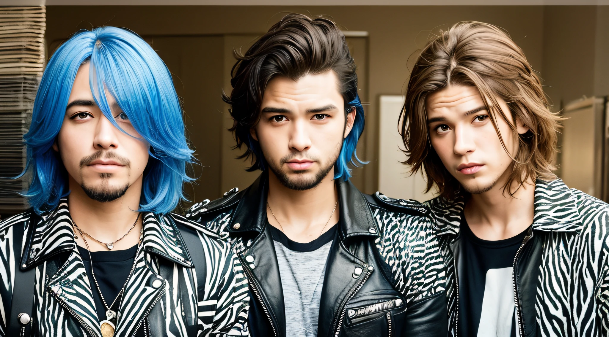 FUNDO AZUL PETROLEO. BANDA DE ROCK E METAL, CABELOS COMPRIDOS LOIROS, 3 MENINOS DE 20 ANOS COM JAQUETAS DE COURO ESTILO ZEBRA.