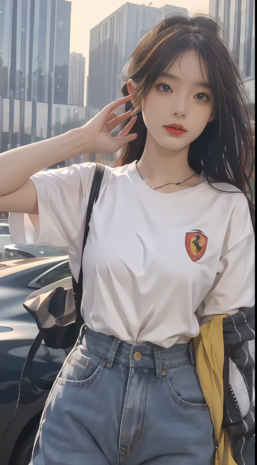 best qualtiy,tmasterpiece,8K ultra-high resolution,(realisticlying:1.2),RAW photogr,(Evening street),1个Giant Breast Girl,黑The eye,looking at viewert,long whitr hair,Light makeup,cparted lips,tiny ears,whitet-shirt,denim short,耳Nipple Ring,Sit in Ferrari,Bigchest,Slim