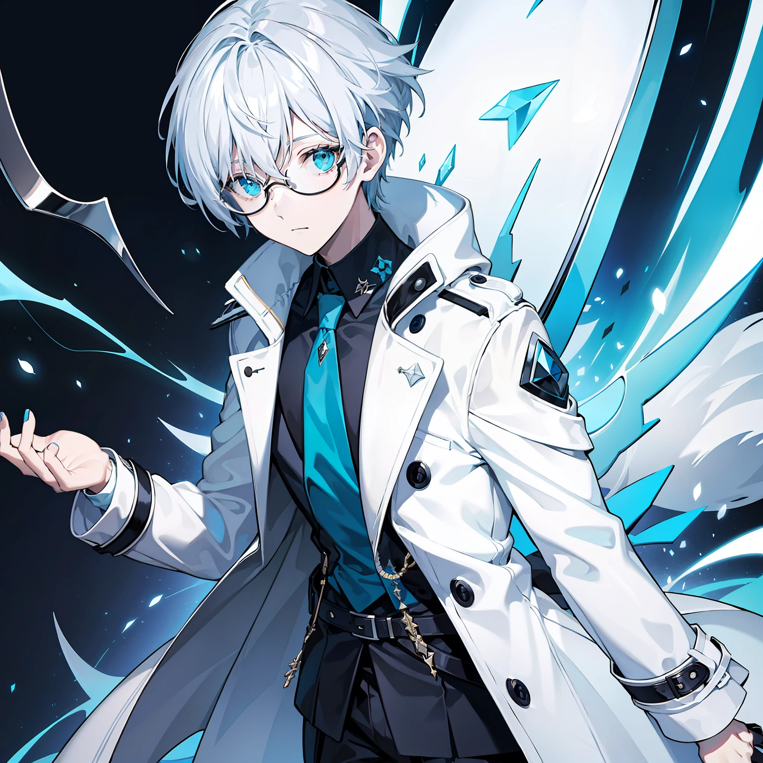 White trench coat，eye glass，tmasterpiece，blue and black tones，icey，Sateen
