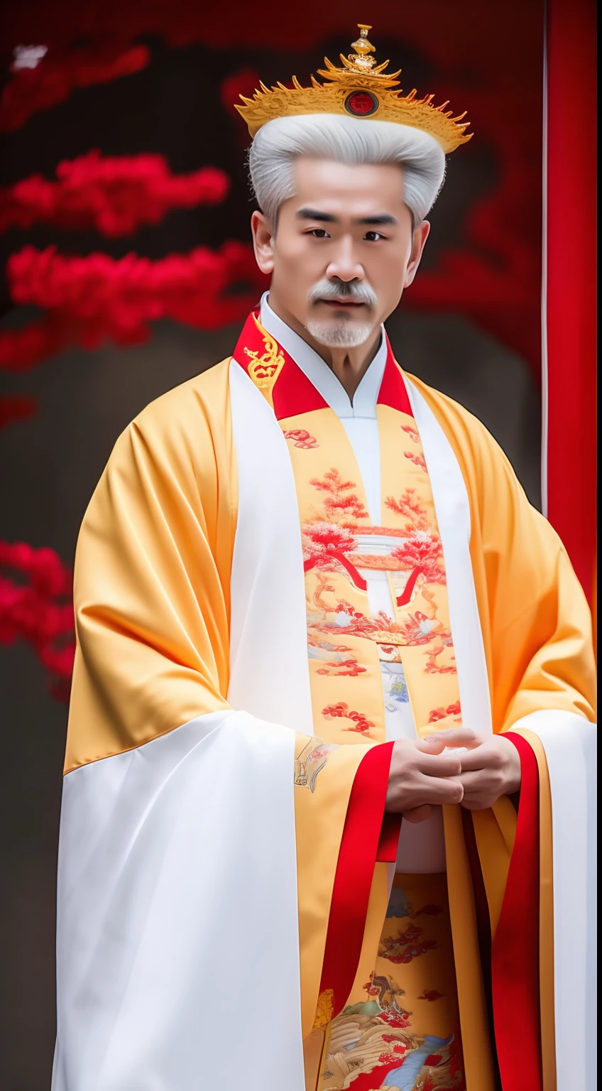Masterpiece, Highest quality, (solofocus),, (High detail: 1.1),dojo,Red and yellow robes,The male, Man, chinese crown, 1人,and white hair,超高分辨率 , Detailed background, realisticlying, wearing a detailed and intricate xianxia antique outfit