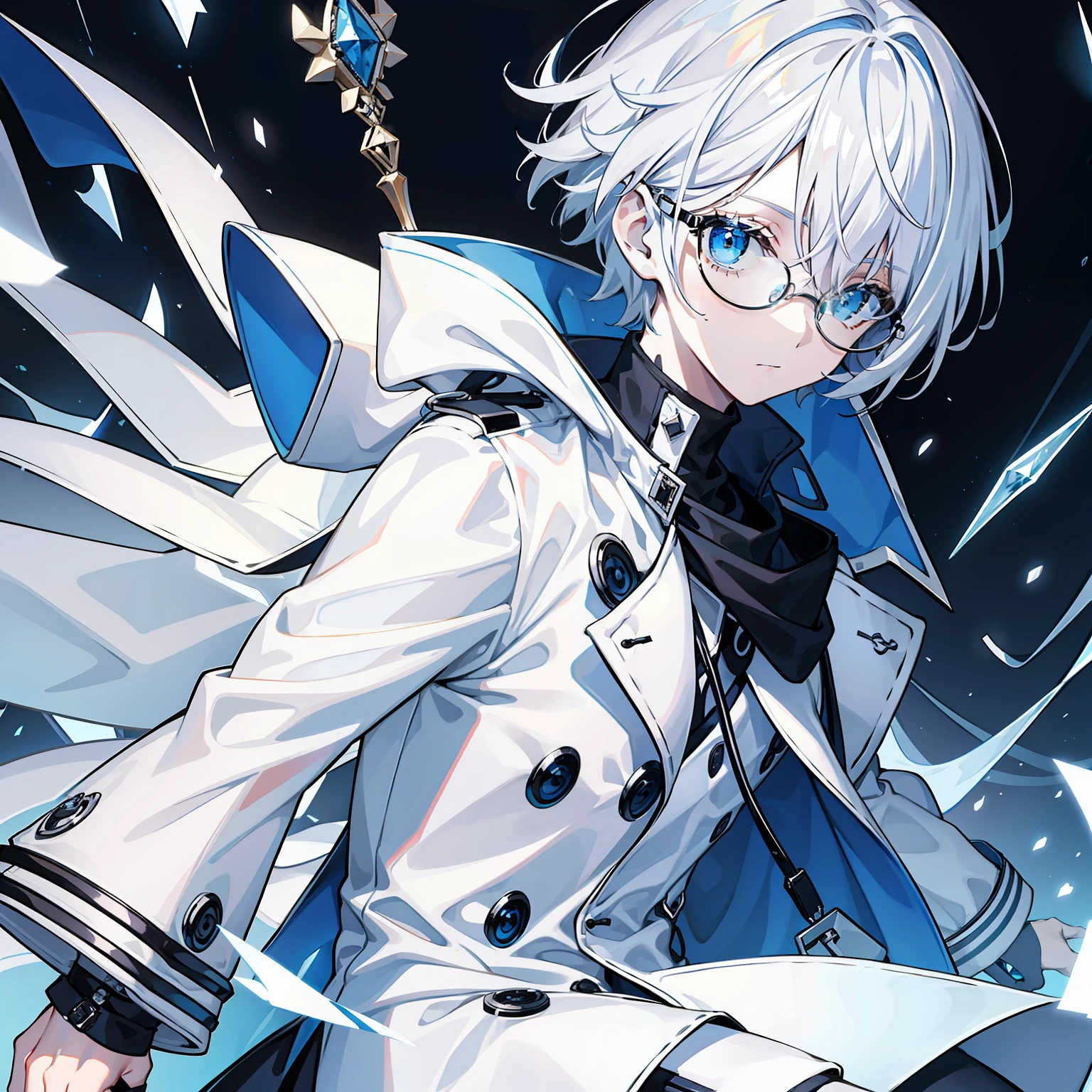 White trench coat,eye glass,tmasterpiece,blue and black tones,icey,Sateen
