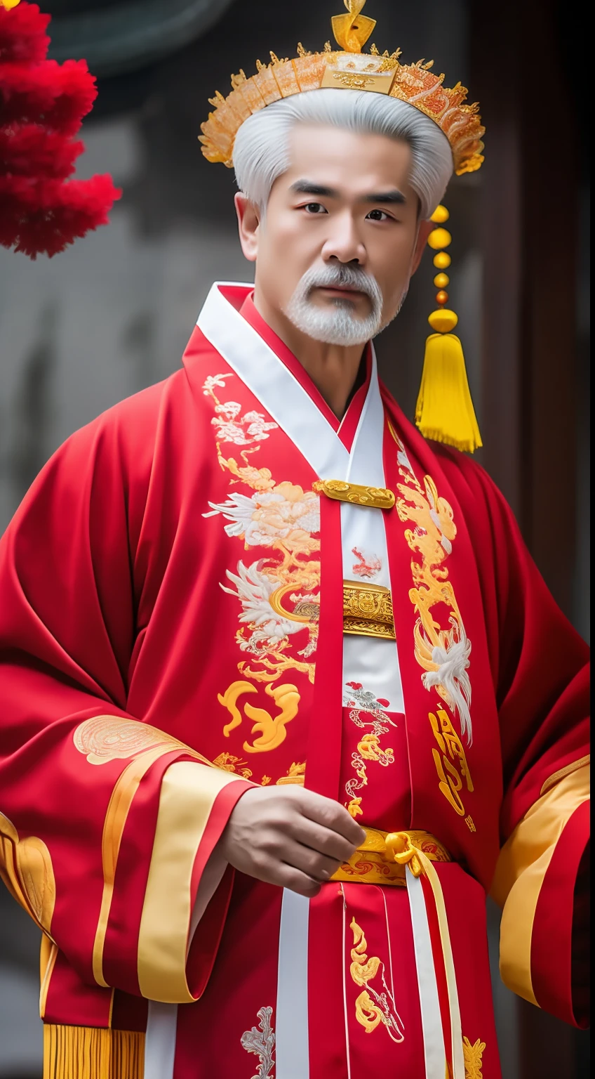Masterpiece, Highest quality, (solofocus),, (High detail: 1.1),dojo,Red and yellow robes,The male, Man, chinese crown, 1人,and white hair,超高分辨率 , Detailed background, realisticlying, wearing a detailed and intricate xianxia antique outfit