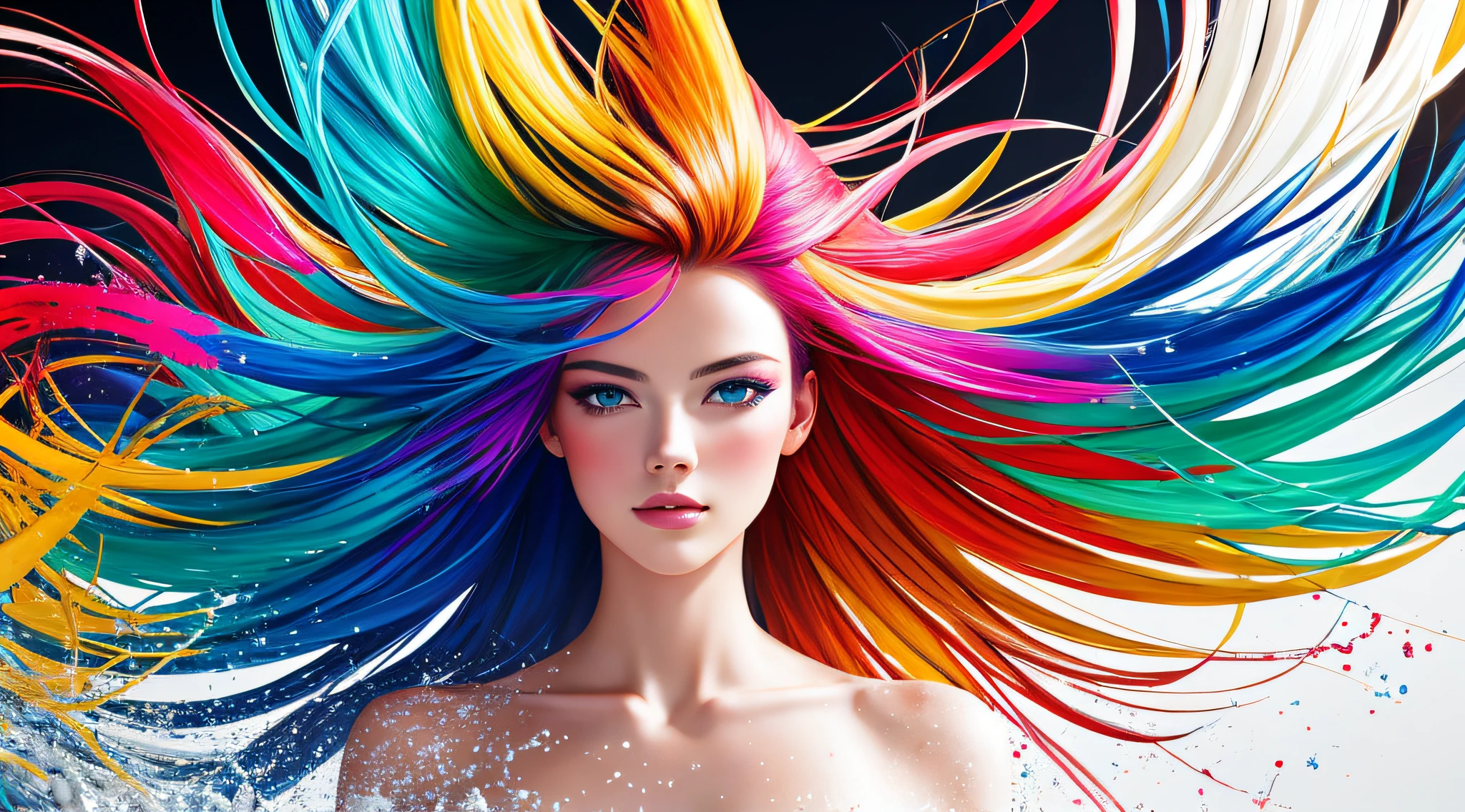 8k, RAW photo, realistic, photo-realistic, hyper-realistic, highest quality, best quality, masterpiece, highly detailed, absurdres,
masterpiece, best quality, (extremely detailed CG unity 8k wallpaper, masterpiece, best quality, ultra-detailed, best shadow), (detailed background), (beautiful detailed face, beautiful detailed eyes), High contrast, (best illumination), 1girl, Australian, multicoloured hair, beautiful, ((colourful paint splashes on transparent background, dulux)), ((caustic)), dynamic angle,beautiful detailed glow,full body, cowboy shot,