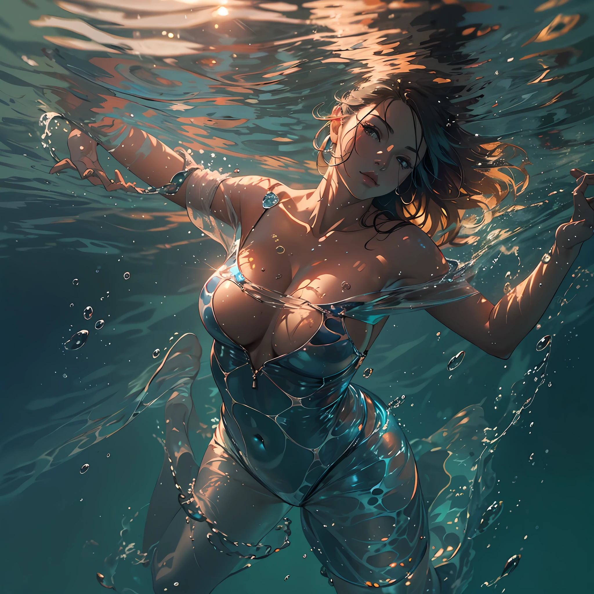 mature woman, realistic, shiny body, posing, underwater, water surface, sunset