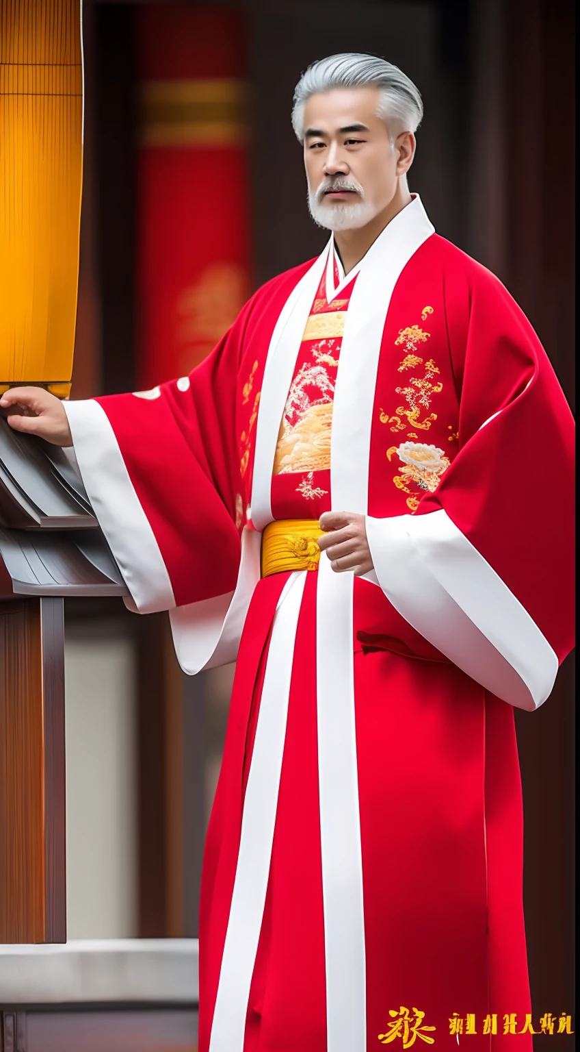 Masterpiece, Highest quality, (solofocus),, (High detail: 1.1),dojo,Red and yellow robes,The male, Man, chinese crown, 1人,and white hair,超高分辨率 , Detailed background, realisticlying, wearing a detailed and intricate xianxia antique outfit