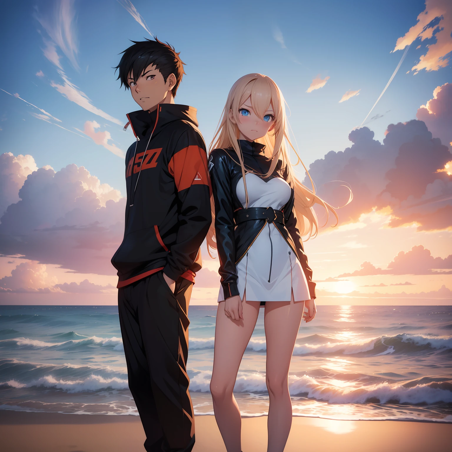 anime couple standing on beach with ocean in background, artgerm and genzoman, range murata and artgerm, alena aenami and android jones, anime style. 8k, jazza and rossdraws, loish and ross tran, anime style 4 k, krenz cushart and asher duran, artgerm and atey ghailan
