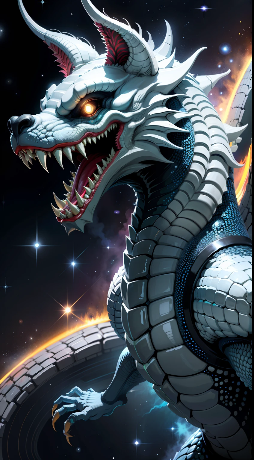Dragao poderoso, escamas, dentes, garras, Space scenario, detalhes intrincados