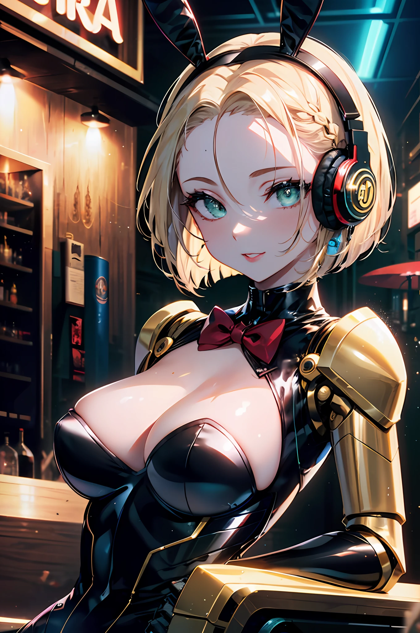 Top quality, intricate detail, super detailed, accurate depiction, highly detailed 8k wallpaper, beautiful mechanical woman, solo, (half closed eyes, green eyes), (masterpiece eyes:1.5), BREAK, seductive smile, (mechanical bunny girl: 1.3), (black exoskeleton leotard: 1.5), (golden color mechanical joints, mechanical arms, mechanical legs:1.2), (exposed armpits), BREAK, (long eyelashes, red lips), bowtie, rabbit ear headphones, rabbit tail, (blonde hair, bob cut), (forehead:1.3), BREAK, Flat_Chest, Huge_breasts, wide_lower back, (5fingers, 4fingers and 1thumb), BREAK, cyberpunk, (bar), bar counter and round chairs, wine, whiskey, bourbon, neon signboard, (arms behind back), sitting, crossed legs,