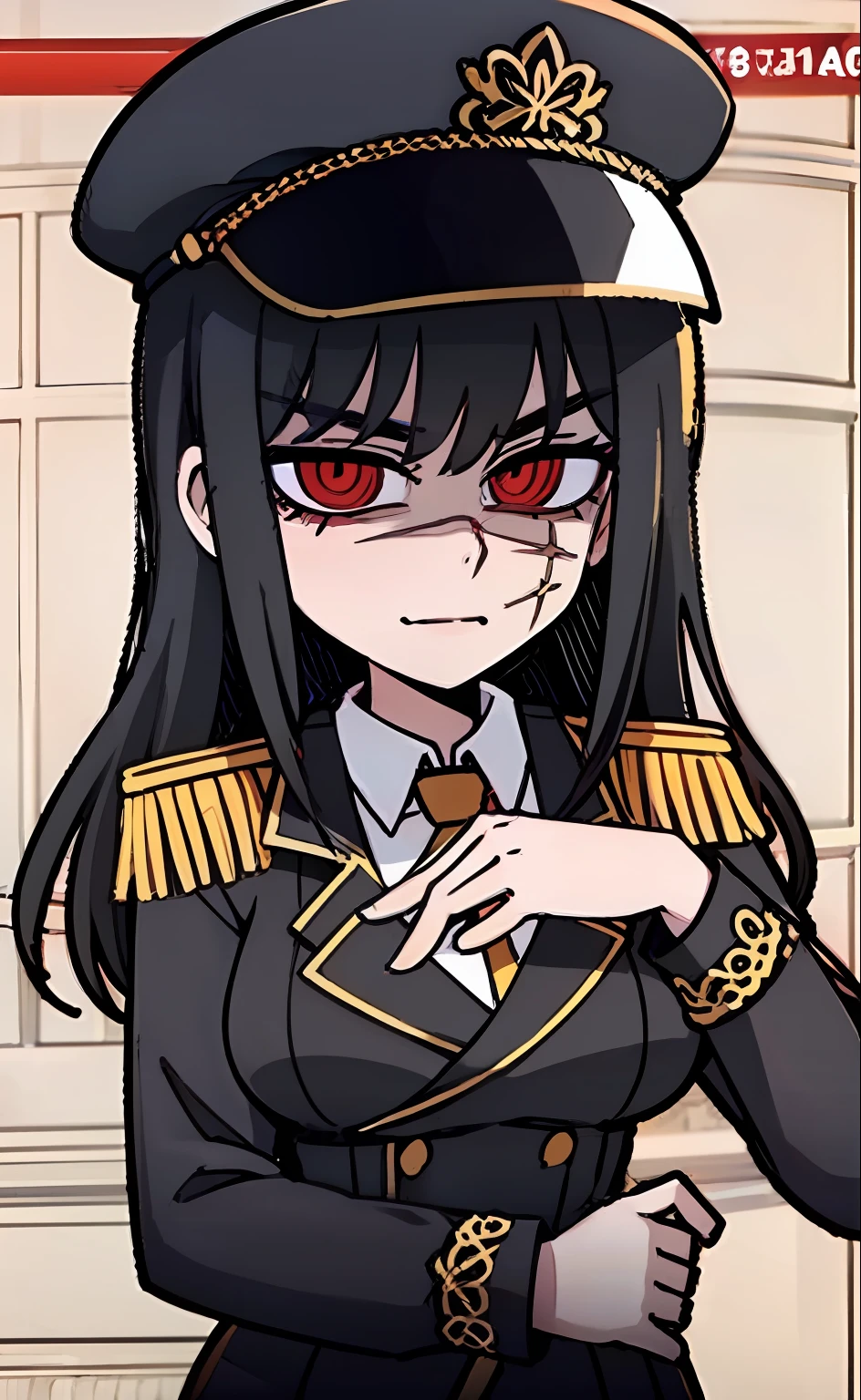 (masterpiece, best quality: 1.2), Solo, 1girl, Yoru \(Chainsaw Man\), looking at the viewer, different poses, red eye, long hair, completely black hair, reference to clothing of a German WWII general, black long sleeves (best quality), scar on face, beautiful eyes, has only 2 arms, has war medals on his clothes,  Black Military Cap, Golden Eagle Medal on Clothing, (Wallpaper), (8K HD), (8K HD), Golden Shoulder Pads, Sprites, 1 Single Design (obra maestra, mejor calidad: 1.2), Solo, 1girl, Yoru \(Chainsaw Man\), mirando al espectador, sonrisa, MALVADA, diferentes poses, ojo rojos, cabello largo, cabello completamente negro, reference to clothing of a German general from World War II, mangas largas negras (mejor calidad), cicatriz en la cara, hermosos ojos, tiene solo 2 brazos, tiene medallas de guerra en su ropa, Gorra militar negra, Golden Eagle Medal in Dress, (fondo de pantalla), (8K HD), (8K HD), hombreras doradas, sprites, 1 single design
