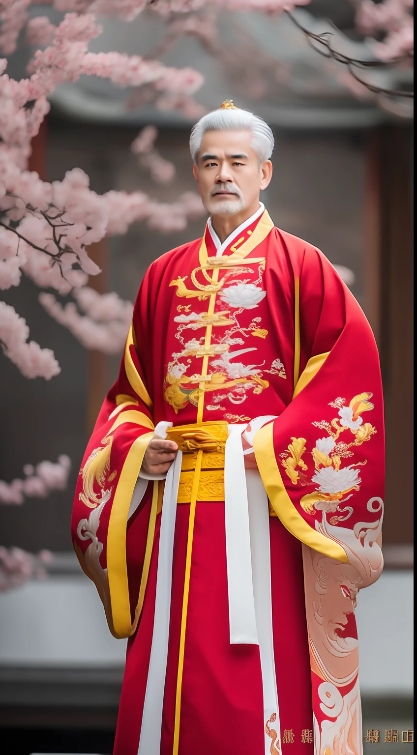 Masterpiece, Highest quality, (solofocus),, (High detail: 1.1),dojo,Red and yellow robes,The male, Man, chinese crown, 1人,and white hair,超高分辨率 , Detailed background, realisticlying, wearing a detailed and intricate xianxia antique outfit