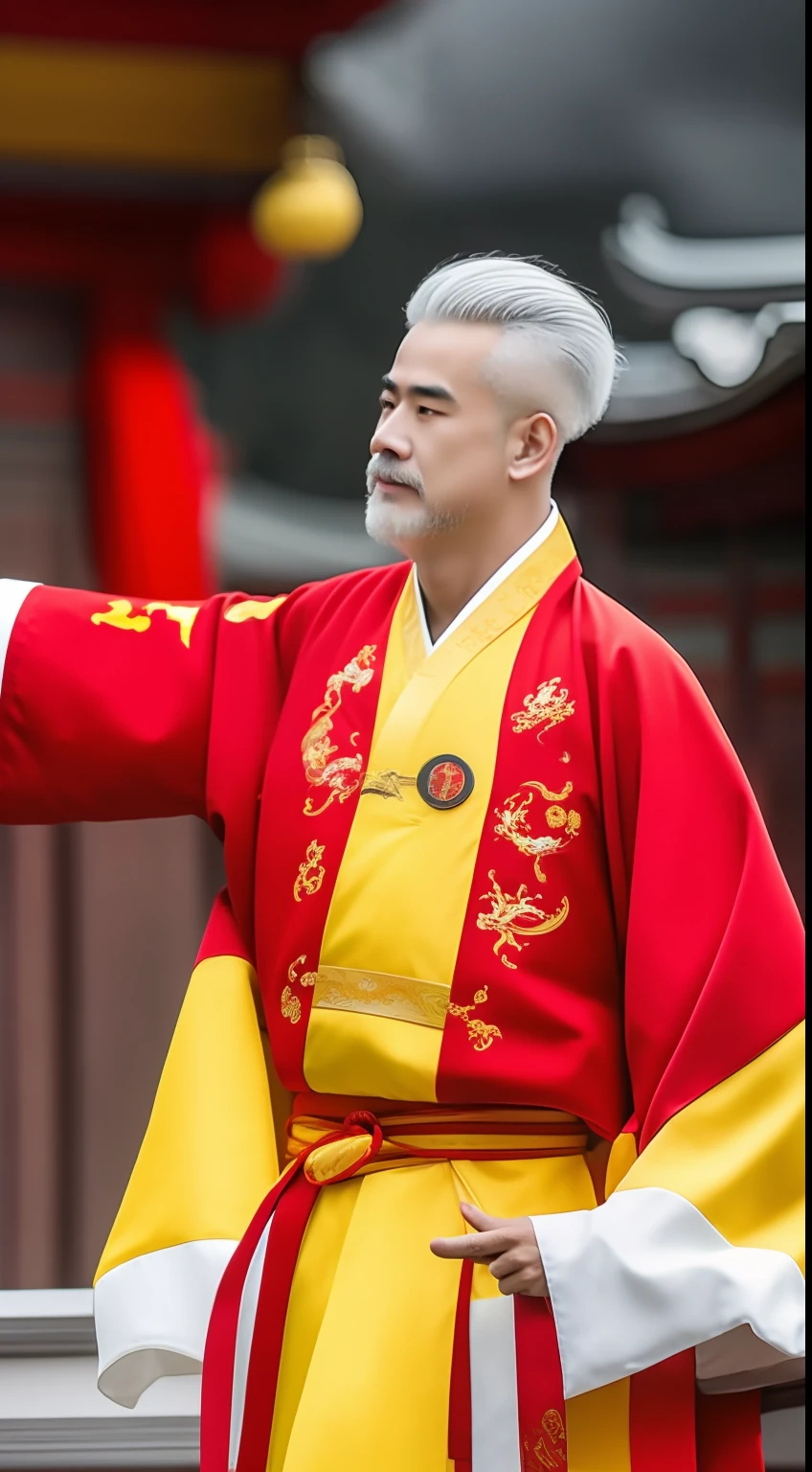 Masterpiece, Highest quality, (solofocus),, (High detail: 1.1),dojo,Red and yellow robes,The male, Man, chinese crown, 1人,and white hair,超高分辨率 , Detailed background, realisticlying, wearing a detailed and intricate xianxia antique outfit