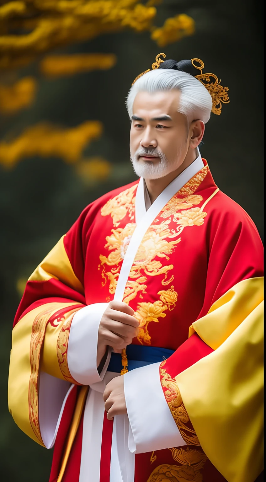 Masterpiece, Highest quality, (solofocus),, (High detail: 1.1),dojo，Red and yellow robes，The male， Man, chinese crown, 1人,and white hair,超高分辨率 , Detailed background, realisticlying, wearing a detailed and intricate xianxia antique outfit