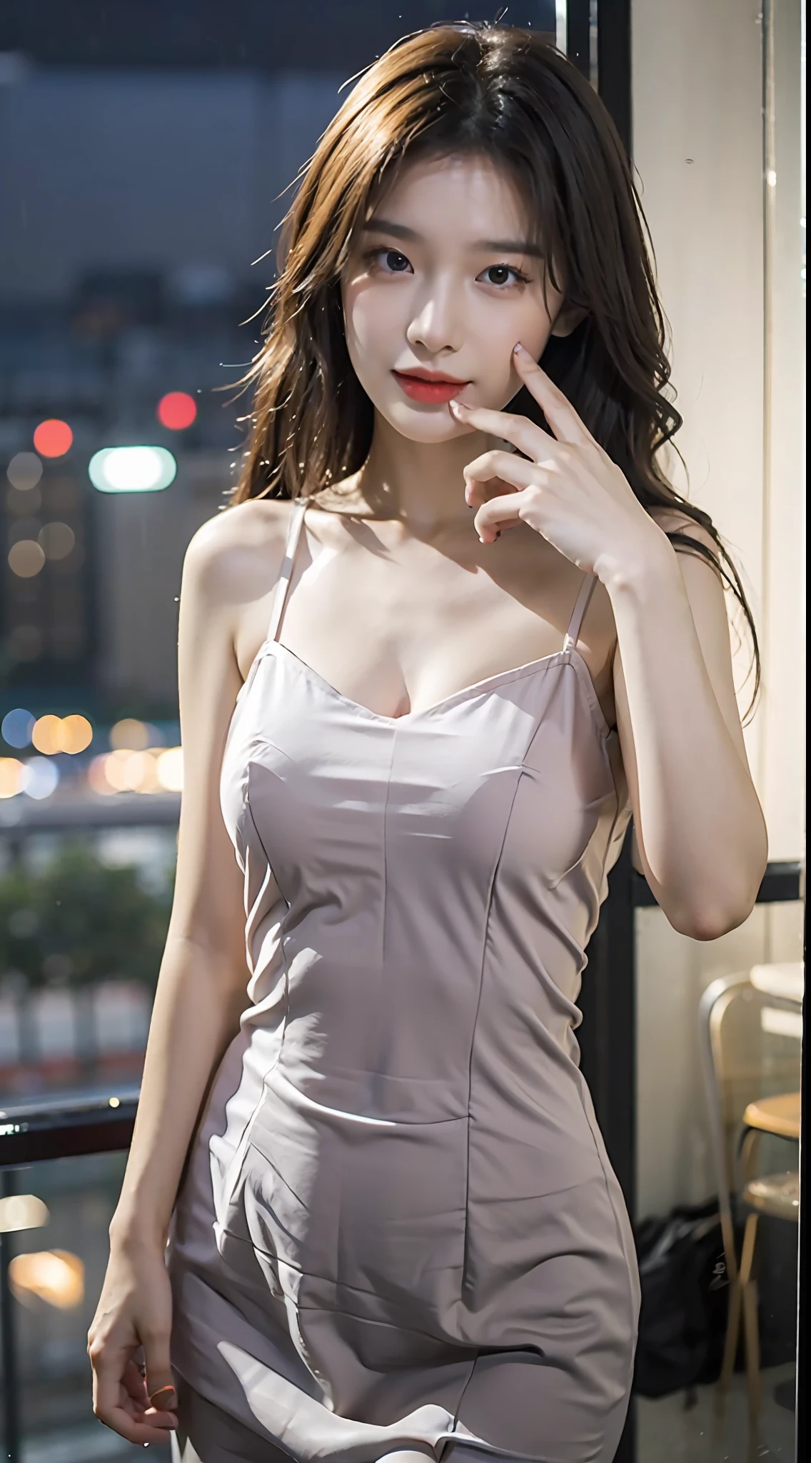((Best quality, 8k, Masterpiece: 1.3)), Selfie, Sharp focus: 1.2, Cute beautiful woman like jennie kim face with perfect body: 1.4, Slim big round h cup breasts: 1.2, ((dark grey long hair, Big breasts: 1.2)) , (small transparent dress, half naked, highly detailed breasts, Happy expression, Standing: 1.2), ((Night view of the city with rain, Balcony simple: 1.3 making with the female being the main focus)), Highly detailed face and skin texture, Detailed big brown eyes, Double eyelid