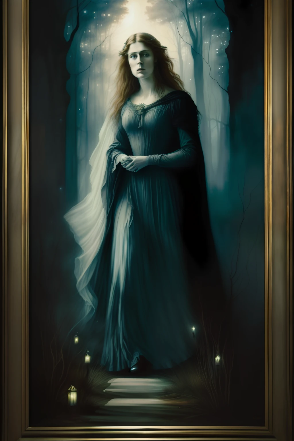 forest dark veil. (((Pre-Raphaelite painting of a ghostly woman flees in horror, paisagem celta, espinheiro-branco, na noite de lua)))