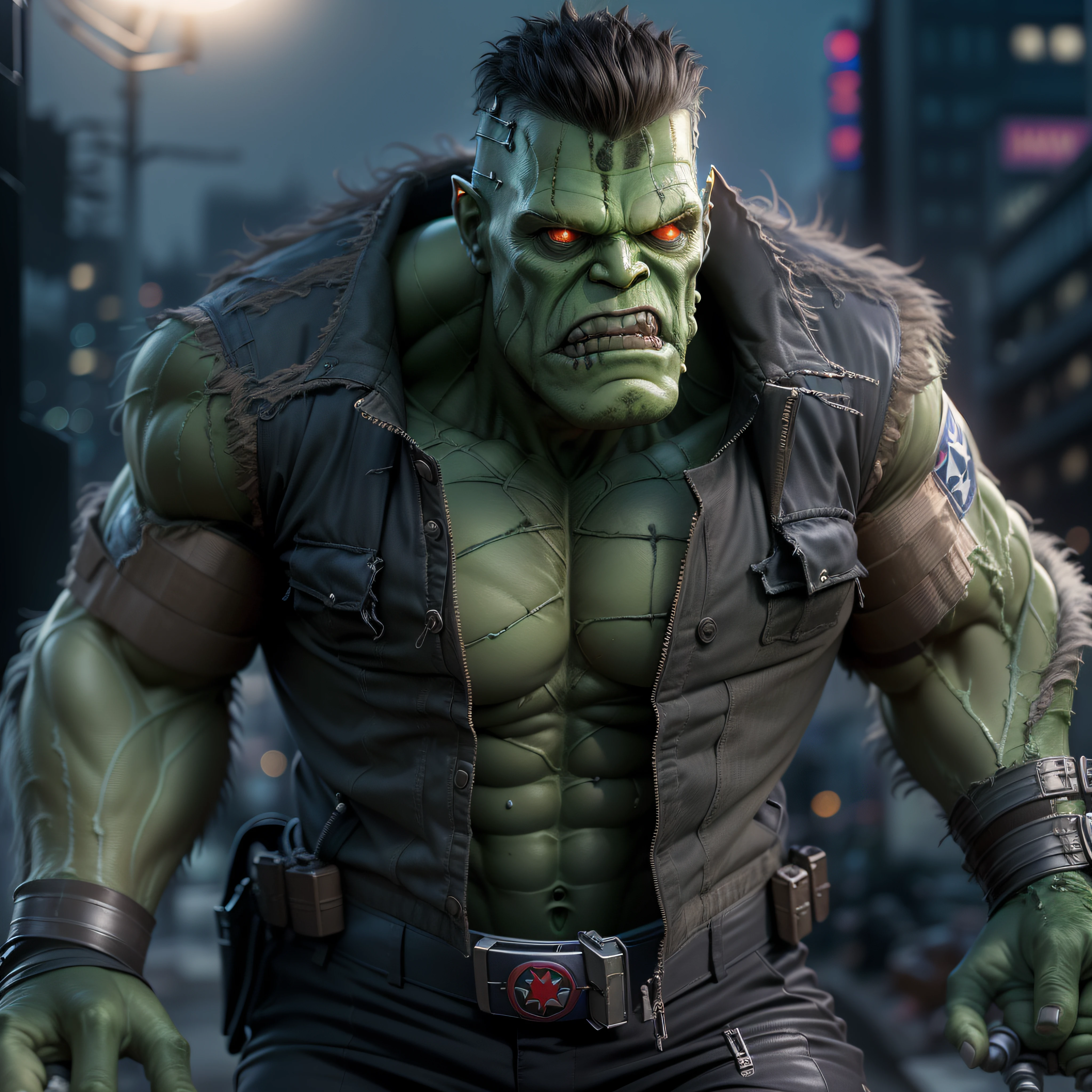 (Masterpiece, Superb Quality, Super Delicate, High Resolution) (((Military flak jacket and pants))) (((Marvel's hulking frankenstein's Monster))) (((holding gatlin gun))) Pale skin, photo-realistic, octane render, unreal engine, ultra-realistic, (((marvel's pale skinned frankenstein's monster))) (((in the Dark City))), moon in the background, ultra-realistic, Masterpiece, octane render, unreal engine