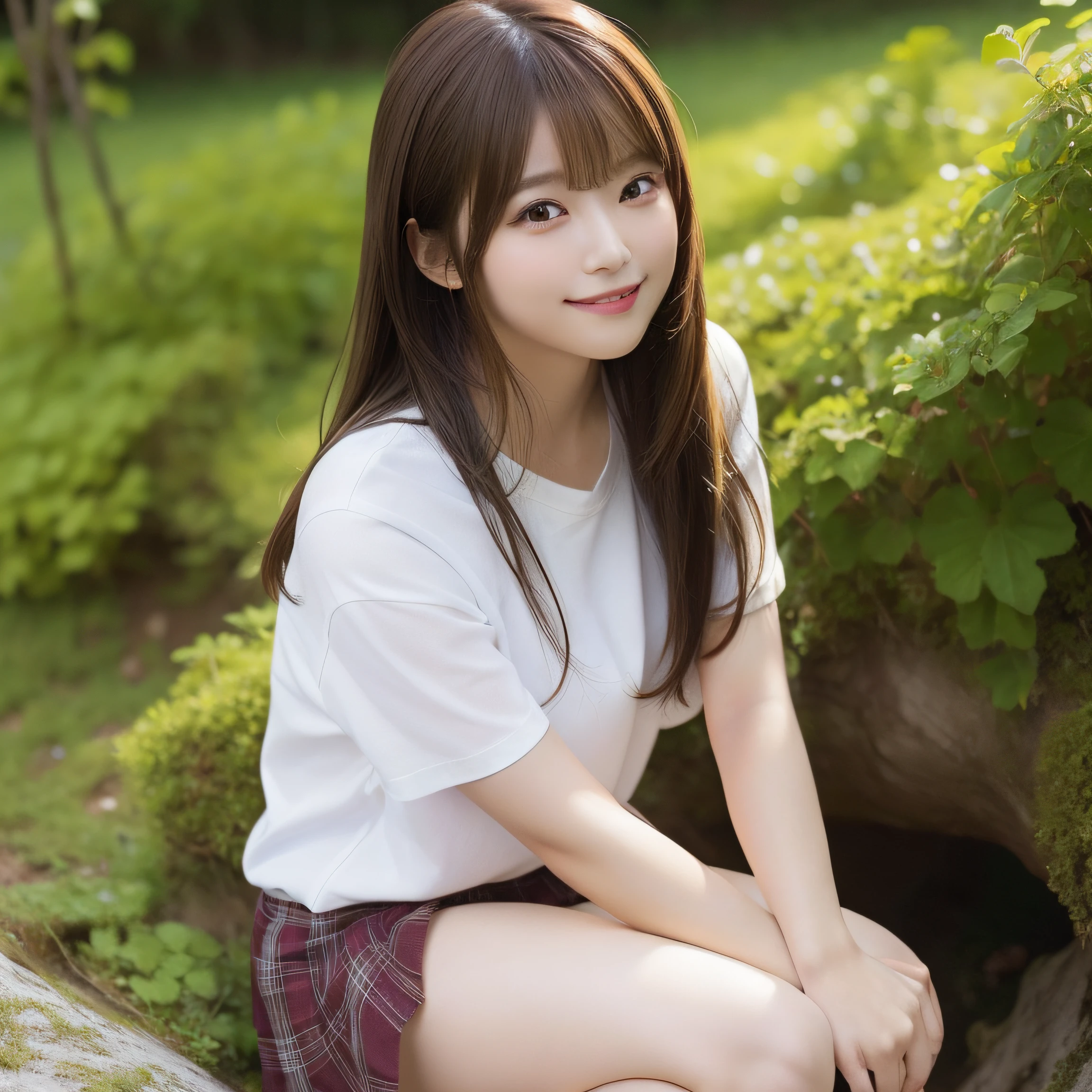 NSFW, 8k RAW photo, top-quality:1.1, masterpiece:1.3, 超A high resolution, film grains, filmg, 1girl, looking at the viewers, natural skin textures:1.1, realistic eyes and face details:1.1, Full lips, fluffy hair, Shy smile, The shirt, Beautiful natural places,full bodyesbian、Around the position of the flower, (细致背景), Plaid skirt, white shirt,(Brown medium hair,Bangs), (touch hair:1.4),nogizaka,beautiful legs:1.1,poneyTail