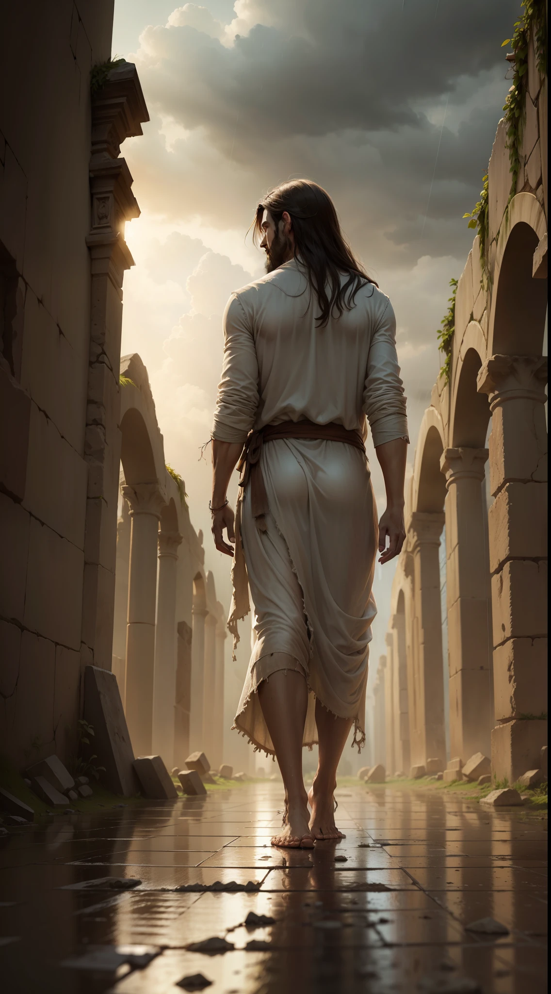 Jesus in the rain walking barefoot amid ancient ruins wearing frayed clothes.