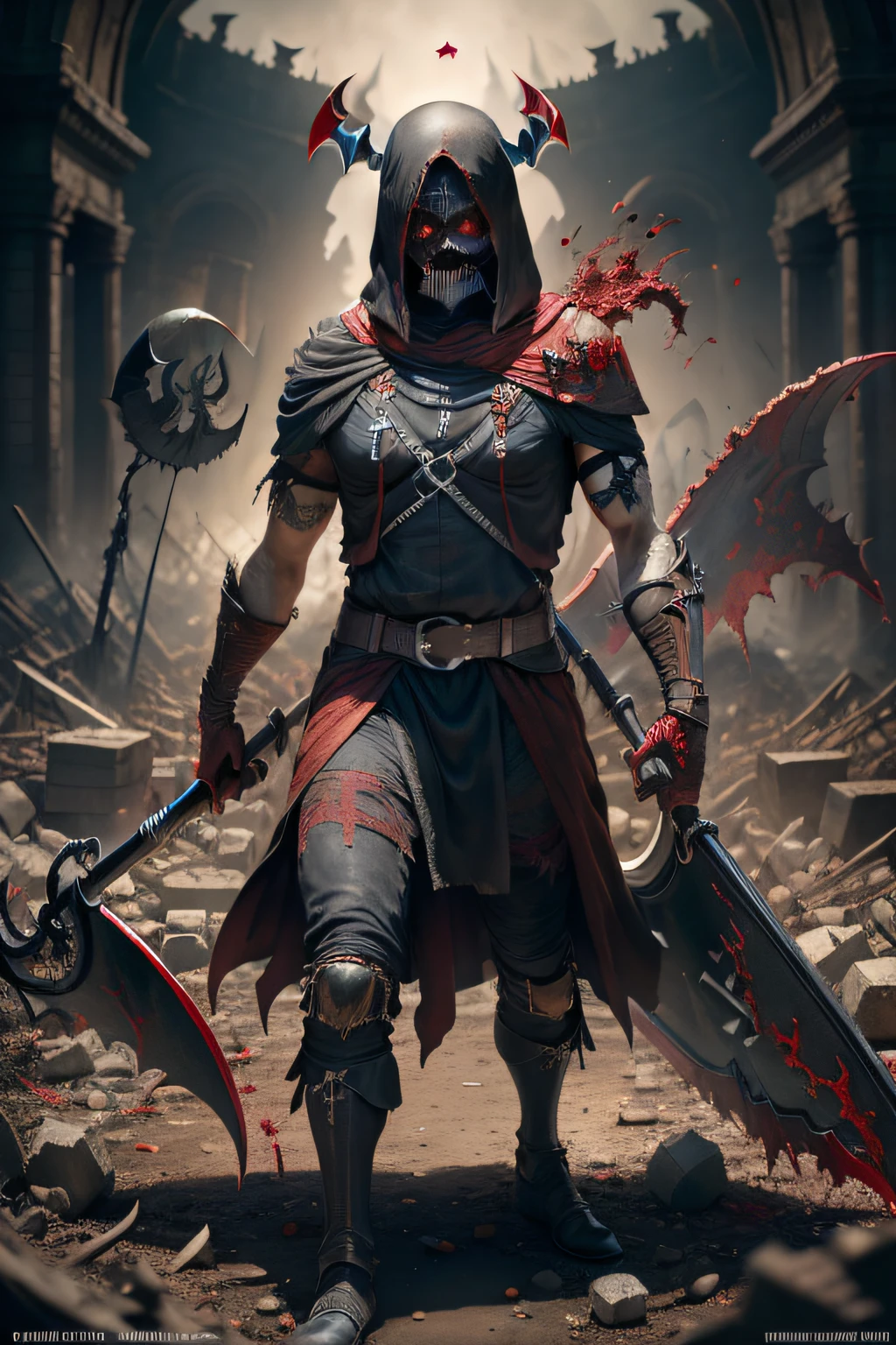 (RAW photo, best quality), (realistic, photo-realistic:1.3), (red hell:1.2), ((destruction background:1.2)), (bad, evil:1.3), (unholy, dark:1.2), (blood), finely detail, masterpiece, ultra-detailed, highres,best realistic, best shadow,intricate,depth of field,(hell messenger:1.4),(messenger:1.2),sharp focus, volumetric fog, 8k UHD, DSLR, high quality,( film grain:1.4), Fujifilm XT3,full body, (a messenger with scythe from hell:1.3), (red eyes:1.2),