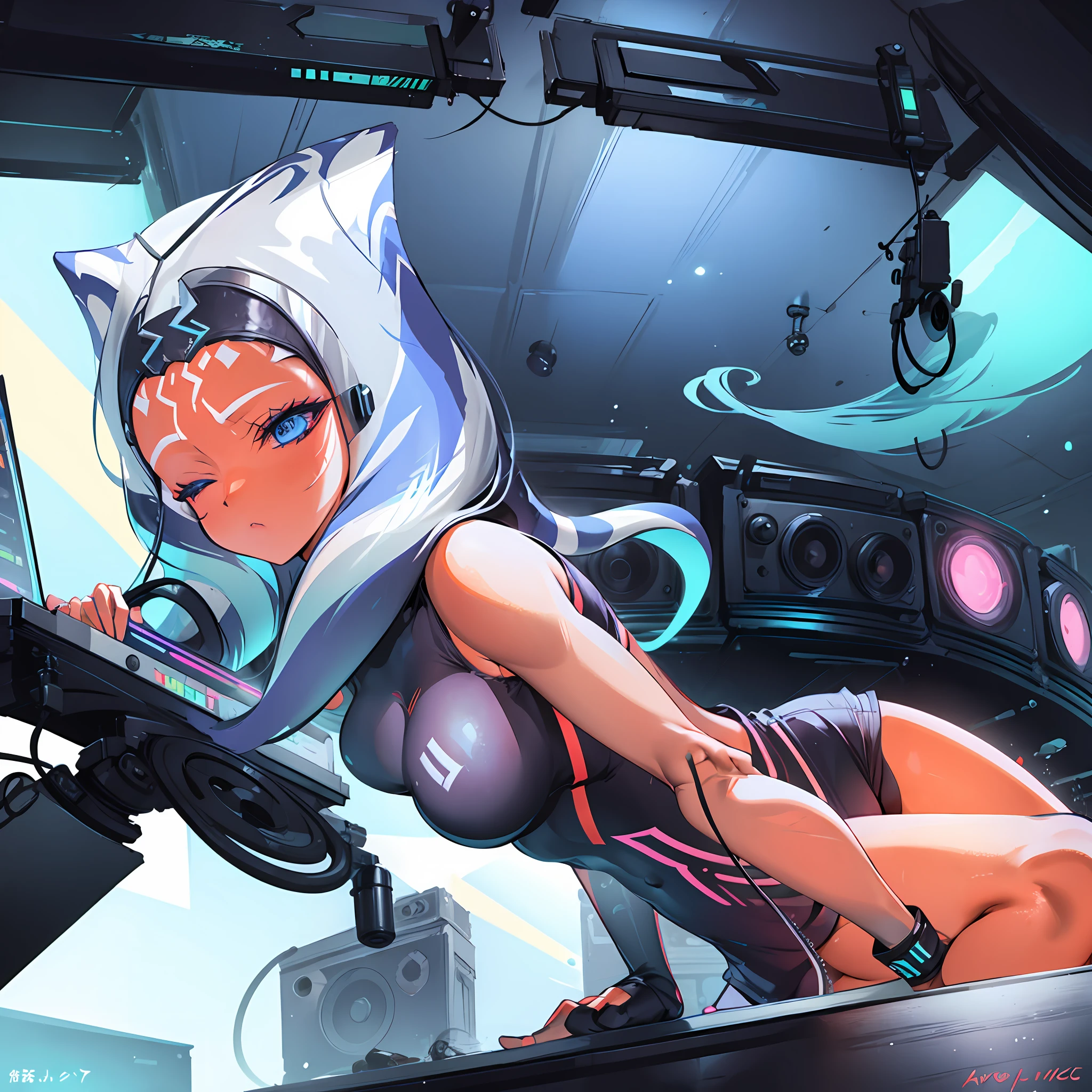 neon color lofi color 1girl, blue eyes, orange skin, tentacle hair sleeping resting recline on desk studying dj decks