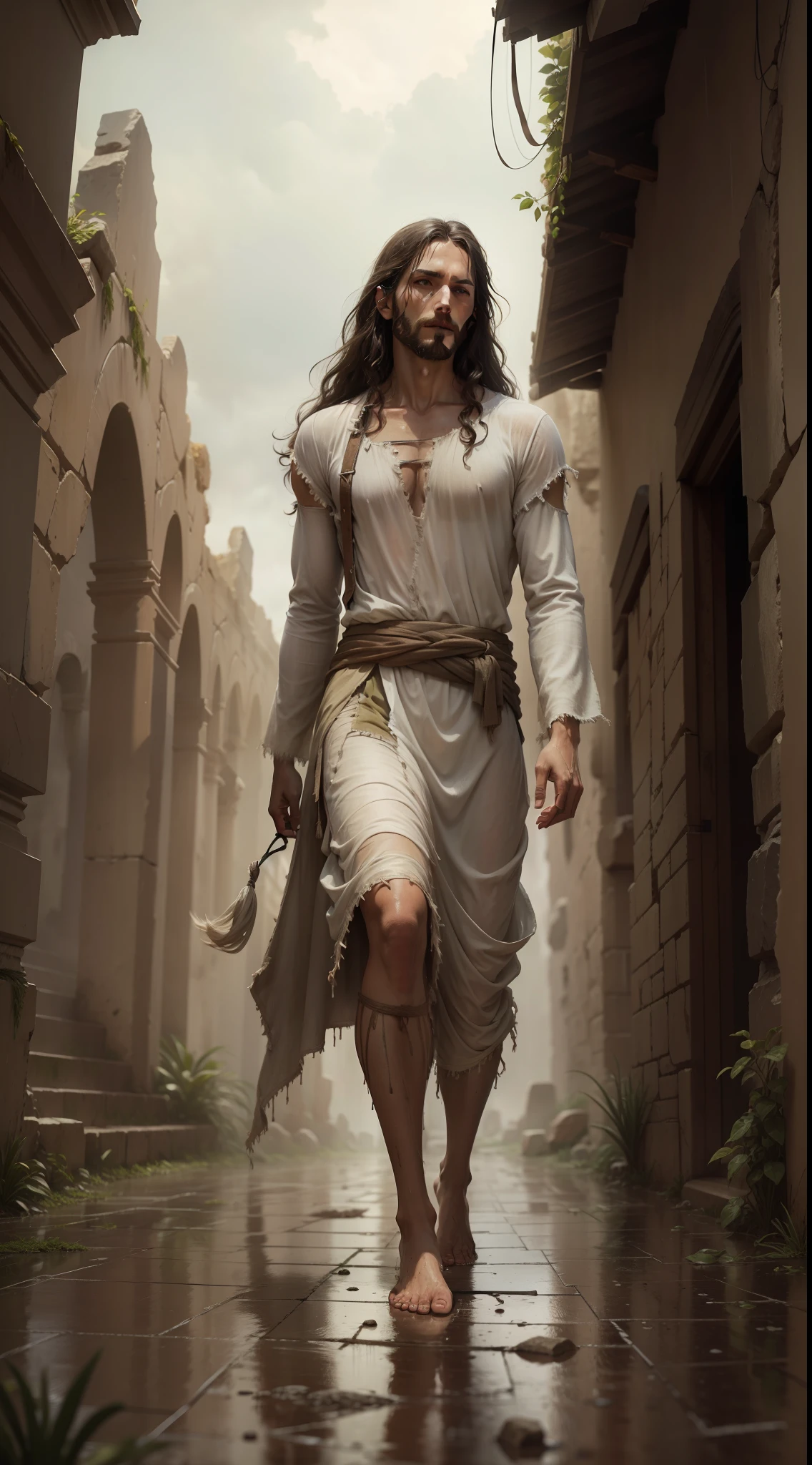 Jesus in the rain walking barefoot amid ancient ruins wearing frayed clothes.