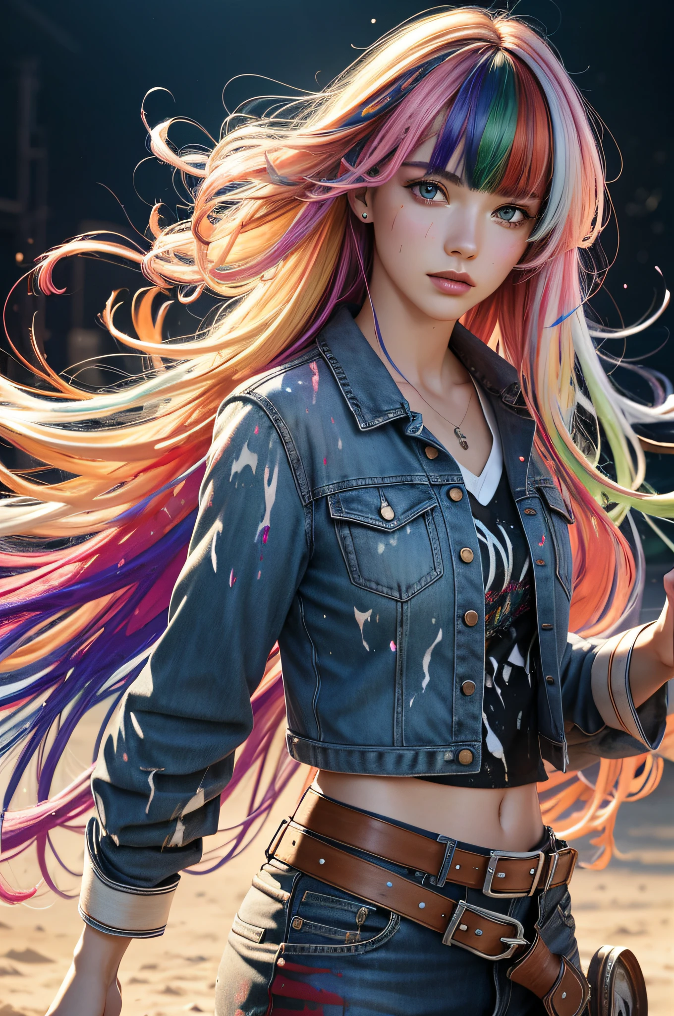 8k, RAW photo, realistic, photo-realistic, hyper-realistic, highest quality, best quality, masterpiece, highly detailed, absurdres,
masterpiece, best quality, (extremely detailed CG unity 8k wallpaper, masterpiece, best quality, ultra-detailed, best shadow), (detailed background), (beautiful detailed face, beautiful detailed eyes), High contrast, (best illumination), 1girl, Australian, multicoloured hair, beautiful, ((colourful paint splashes on transparent background, dulux)), ((caustic)), dynamic angle,beautiful detailed glow,full body, cowboy shot,