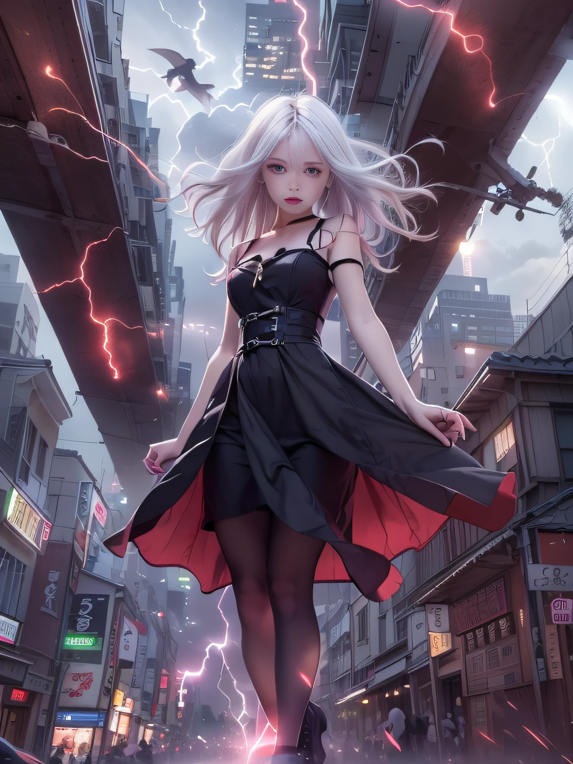 Black goth-rowley girl floating in the city with lightning,Gothloli albino girl floating in the city with one hand,Woman in black dress with red and black hair, Gothic Maiden girl, girl in black dress, 1 7  girl,Old Goth girl, an elegant gothic princess, artwork in the style of guweiz, in the art style of bowater, dreamy gothic girl, 8k high quality detailed art, gothic art style, wearing a gothic dress,closing,Wearing underwear,Red Eyes,Looking down,white  hair,Wind,Head tilt,White hair, Silver hair, Long hair, Blunt bangs, Straight hair, Big hair, expressive hair, (Red eyes that glow intensely:1.8), Downward eyes, (Red Eyes:1.5),small tits,Thin leg,Crazy, Disappointed,wide Shots,wide angles,sideshot,3 views,,(Close up portrait of a person in a black dress flies over the city:1.7),People fleeing the busy streets of the city lined with shops々々々々, busy street, Street crowded with people, photograph of the city street, japanese downtown, Traditional Cities of Japan, Busy streets,busy cityscape, bustling city, Crowded with people, Bustling streets in the moon, crowdedstreets, shutterstock, Bustling small town streets,bad weather、A huge amount of purple lightning came out of the girl's hand and hit the city,Dark clouds cover the city pierced by clouds of lightning, Lightning clouds, Atmospheric lightning, Pink lightning, With thunderstorms, Dark storm with lightning, Dramatic purple lightning, Lightning in the sky, Contrast Lightning, thunderstorm in the sky, Lightning in the background, With lightning, Stormy weather with lightning, Upper volumetriclightning,Effect of wearing purple aura,(Control a large number of lightning with open arms:1.4),Destroy the city with a girl's lightning attack,Called nose,Lightning effect on both hands,Countless balls glowing purple around the girl,goddess of lightning, Storm, Storm outside, She attracts a lot of purple lightning,