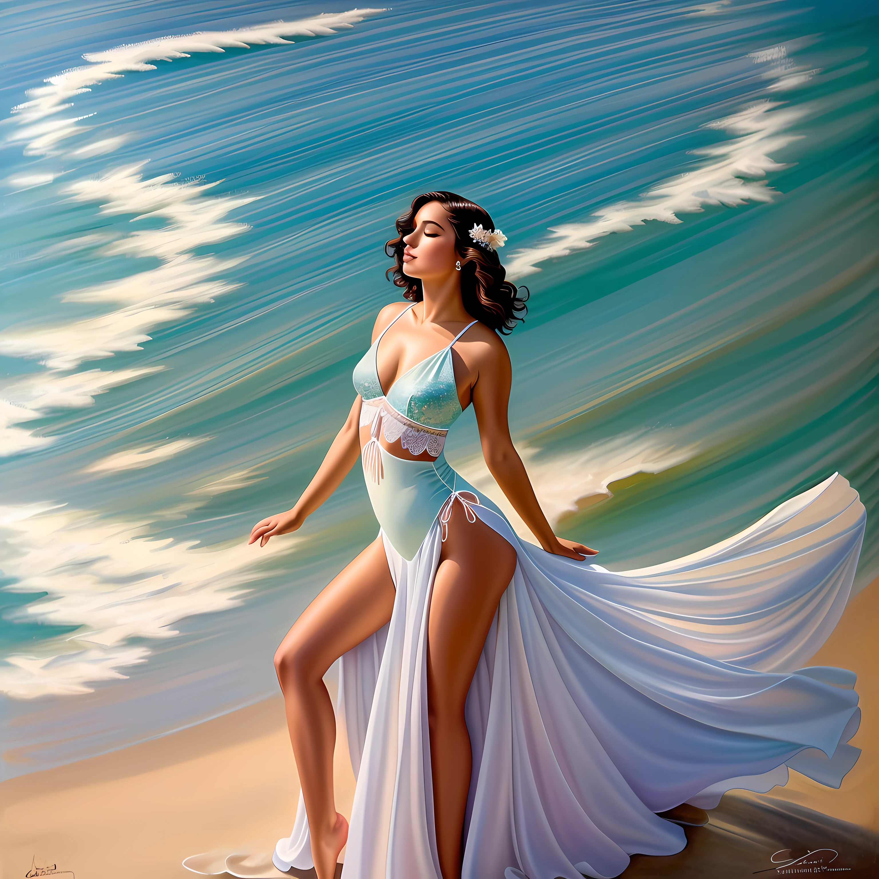 pintura de uma mulher com cabelo longo e um vestido branco, anjo bonito, Um Anjo da Luz do Amanhecer, detalhes intrincados, Arte de Clemilton Barbosa