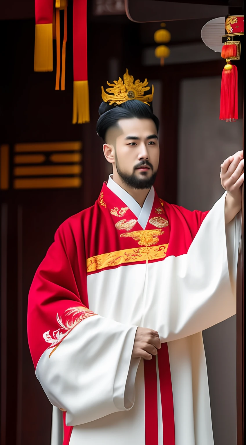 Masterpiece, Highest quality, (solofocus),, (High detail: 1.1),dojo,Red and yellow robes,The male, Man, chinese crown, 1人,and white hair,超高分辨率 , Detailed background, realisticlying, wearing a detailed and intricate xianxia antique outfit