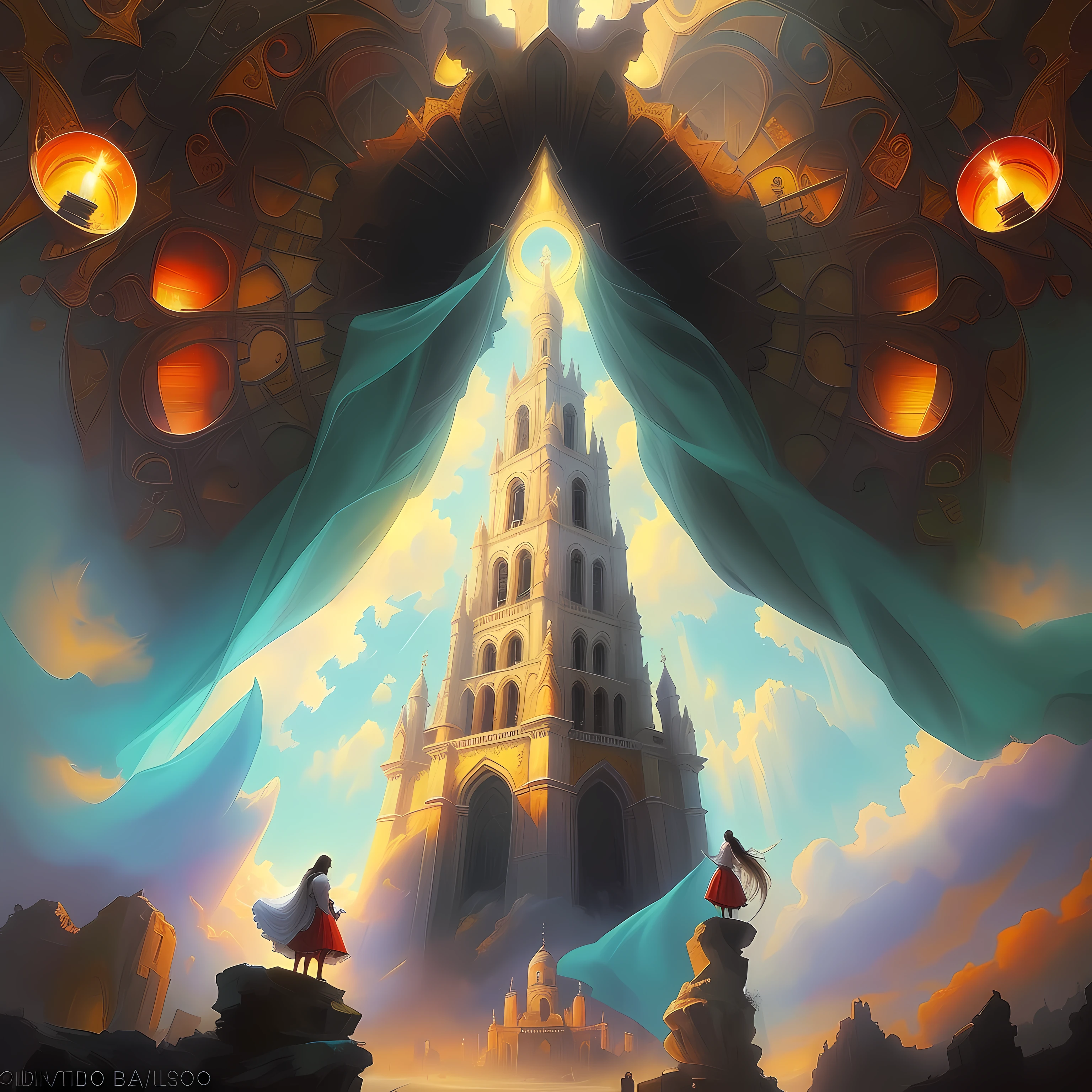 pintura de uma torre dourada com anjos ao redor, Catedral do Sol, slav epic, intrincado, Detalhes precisos, arte de Clemilton Barbosa