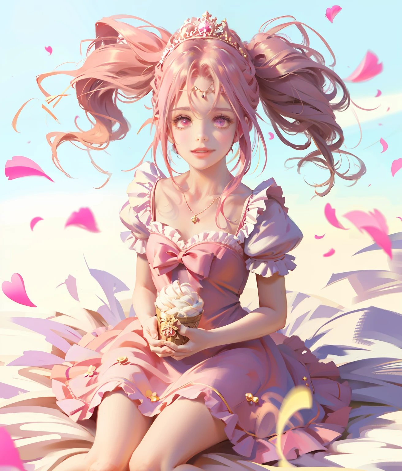 (ultraclear,A high resolution,Surprising detail,1girll,dual horsetail,frizzy hair)ssmile,Pink double ponytail and pink eyes,Anime girl in pink dress,tiara crown,Highly saturated color,Natural light,Anime princess, portrait of magical girl, loli in dress, Loli, Lolita prostitute,magical girl, style of magical girl, Anime moe art style