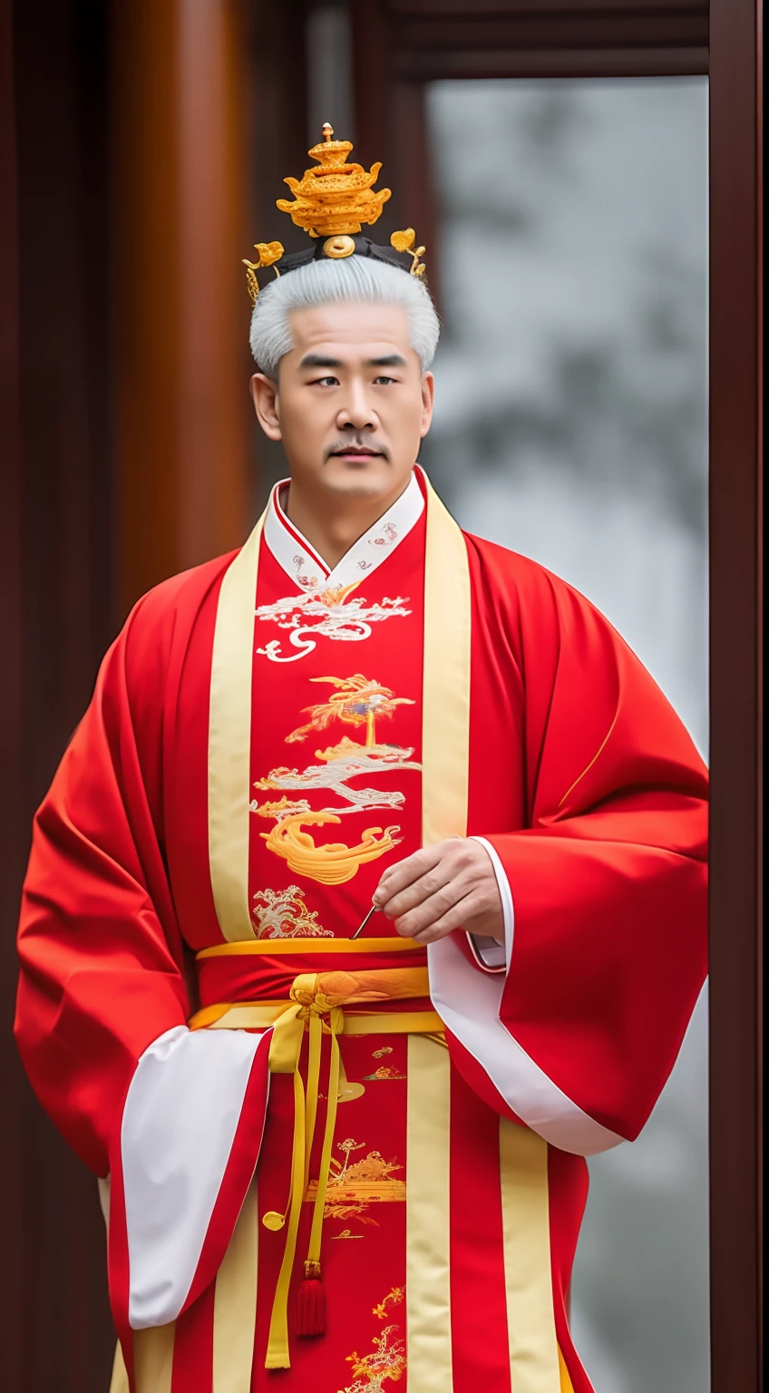 Masterpiece, Highest quality, (solofocus),, (High detail: 1.1),dojo,Red and yellow robes,The male, Man, chinese crown, 1人,and white hair,超高分辨率 , Detailed background, realisticlying, wearing a detailed and intricate xianxia antique outfit