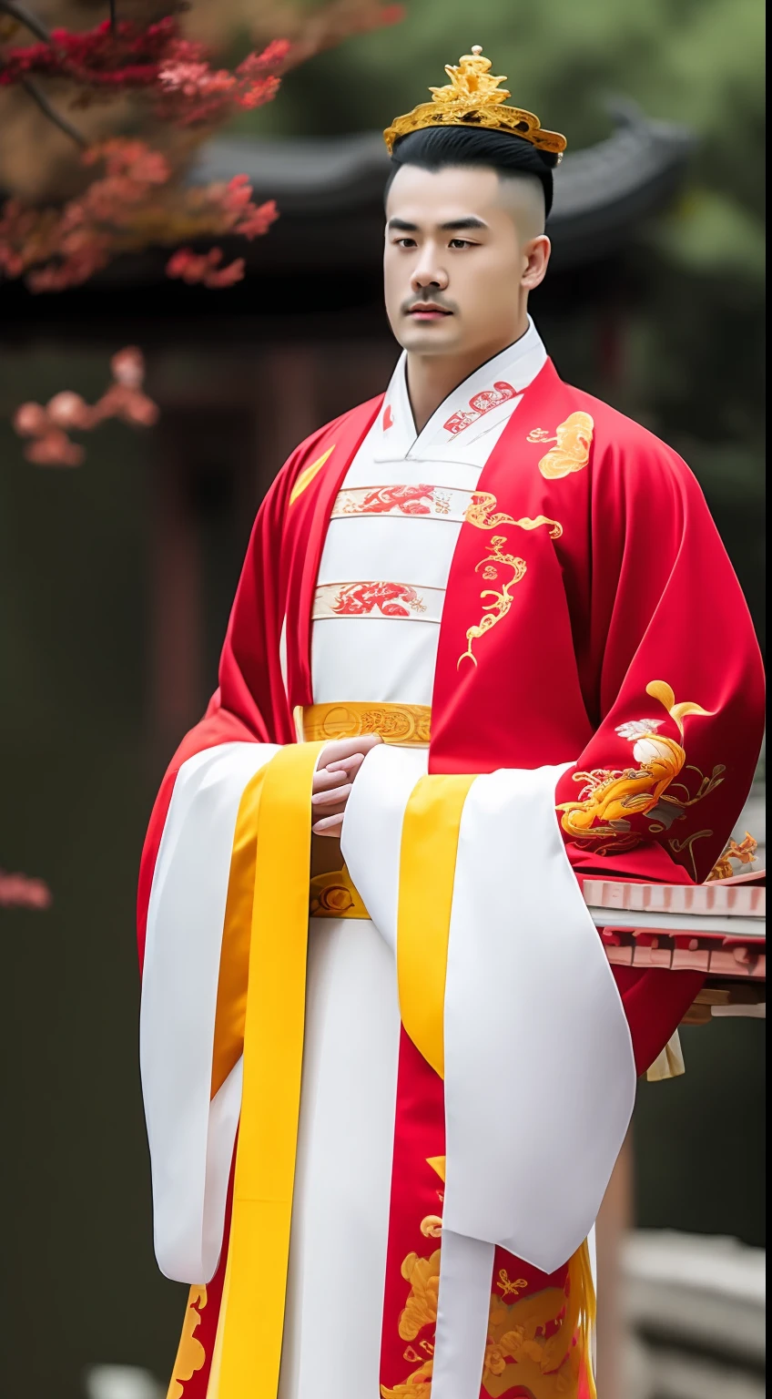 Masterpiece, Highest quality, (solofocus),, (High detail: 1.1),dojo,Red and yellow robes,The male, Man, chinese crown, 1人,and white hair,超高分辨率 , Detailed background, realisticlying, wearing a detailed and intricate xianxia antique outfit