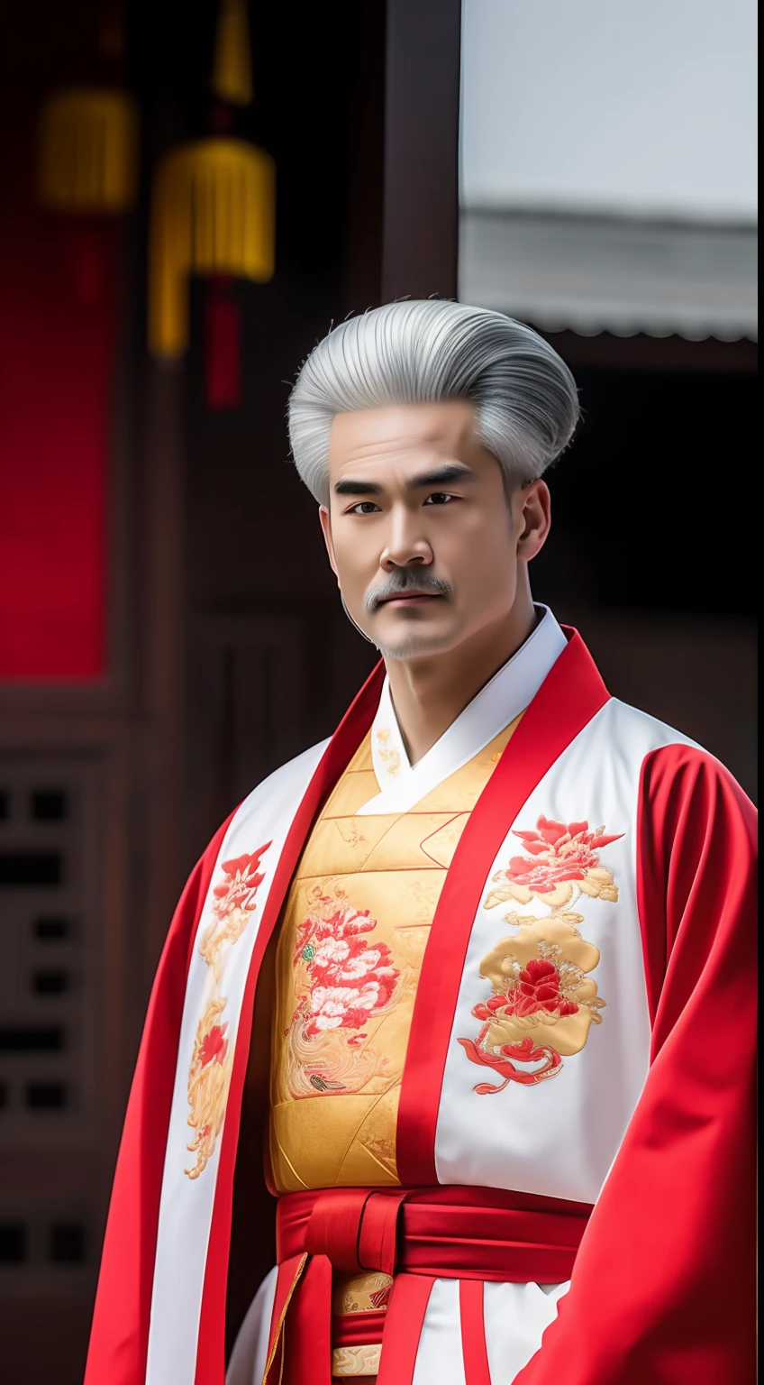 Masterpiece, Highest quality, (solofocus),, (High detail: 1.1),dojo,Red and yellow robes,The male, Man, chinese crown, 1人,and white hair,超高分辨率 , Detailed background, realisticlying, wearing a detailed and intricate xianxia antique outfit