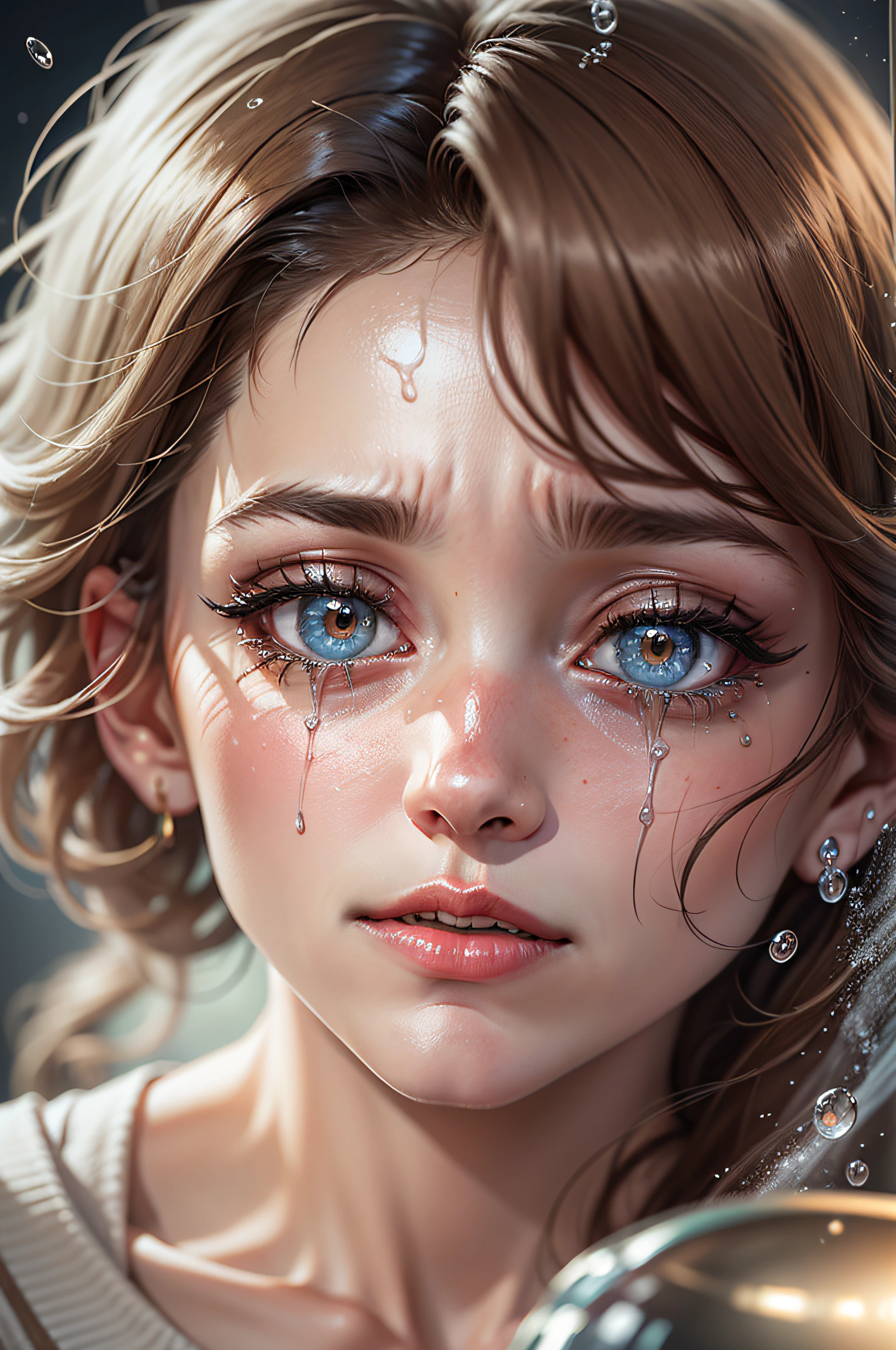 photorealistic 4k of a woman's tears falling off her face and into a bottle that is gleaming and glowing