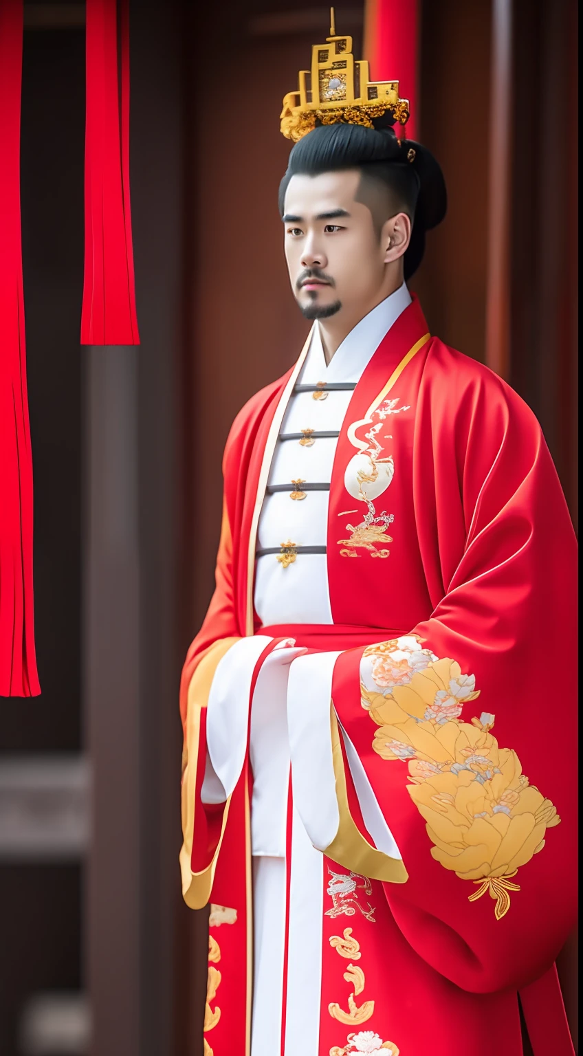 Masterpiece, Highest quality, (solofocus),, (High detail: 1.1),dojo,Red and yellow robes,The male, Man, chinese crown, 1人,and white hair,超高分辨率 , Detailed background, realisticlying, wearing a detailed and intricate xianxia antique outfit
