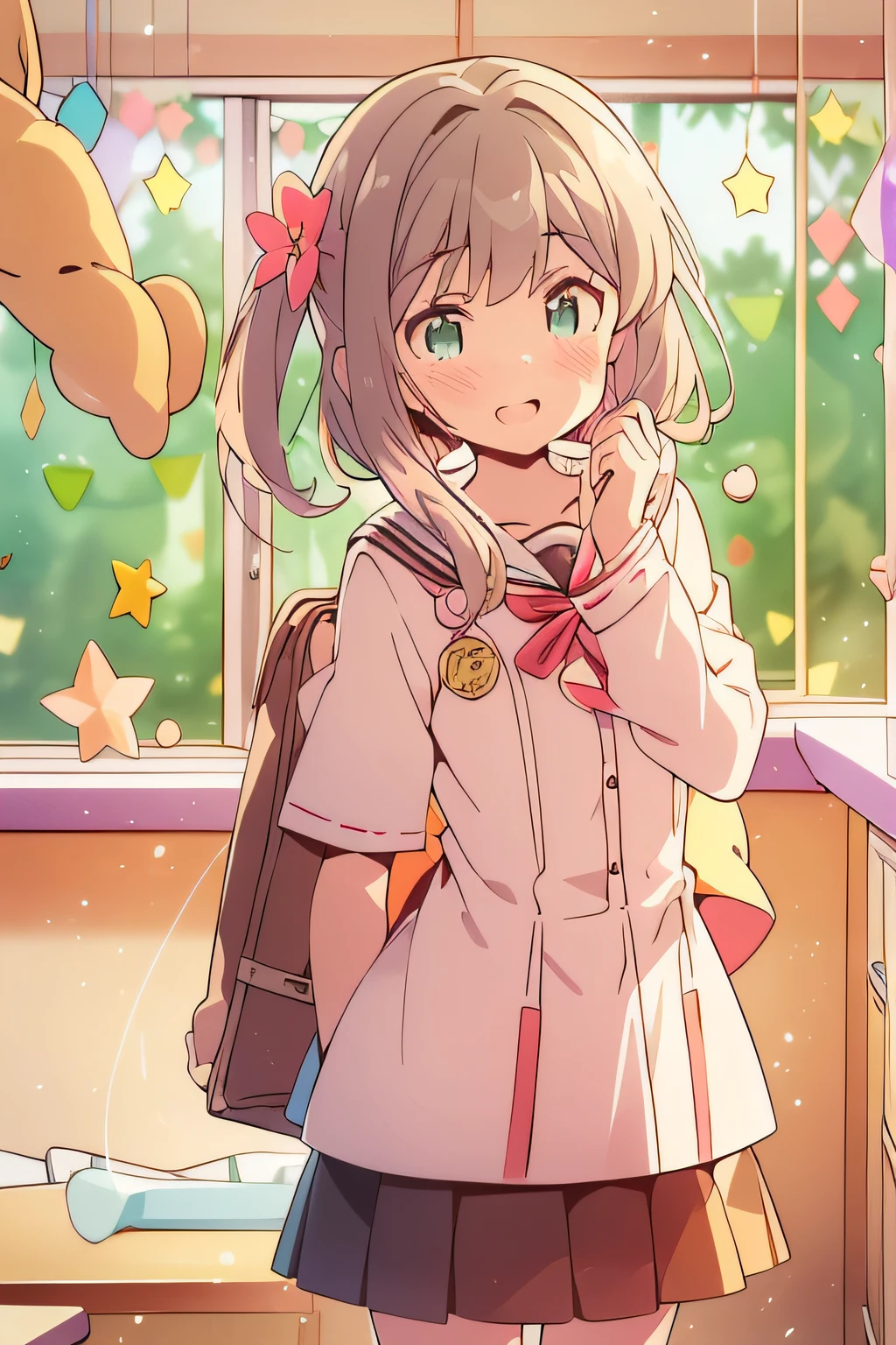 (((Fantastic and adorable illustrations))), top-quality, Detailed CG unity 8k wallpapers, Cardcaptor Sakura, Bright classroom, Uniforms of Tomoeda Elementary School, pretty pose, Popping color palette, finely detail, Digital texture, Soft atmosphere, bright expression,Bright lighting, Solid depiction of shadows, Light production, Have a positive vibe, Finish in warm shades。