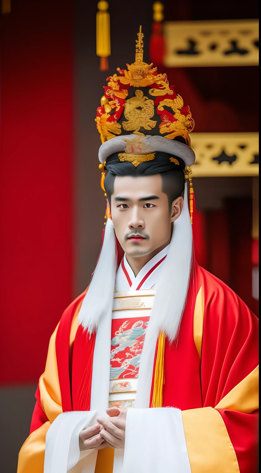 Masterpiece, Highest quality, (solofocus),, (High detail: 1.1),dojo，Red and yellow robes，The male， Man, chinese crown, 1人,and white hair,超高分辨率 , Detailed background, realisticlying, wearing a detailed and intricate xianxia antique outfit